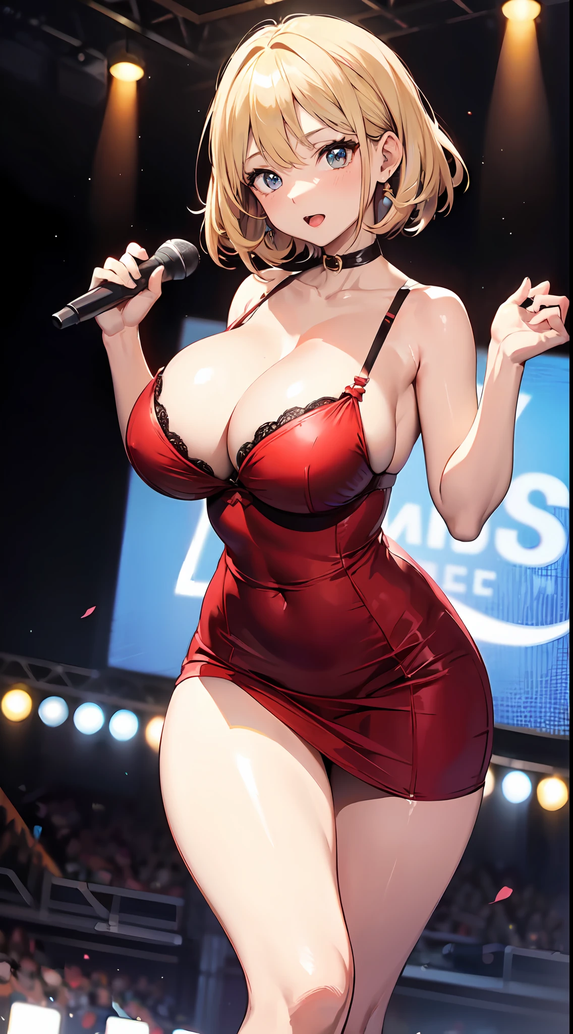 (masterpiece), best quality, expressive eyes, perfect face, looking at the viewer, tight dress, thighs, huge breasts, cleavage, singing, narrow waist, bursting breasts, red dress, blonde hair, bra