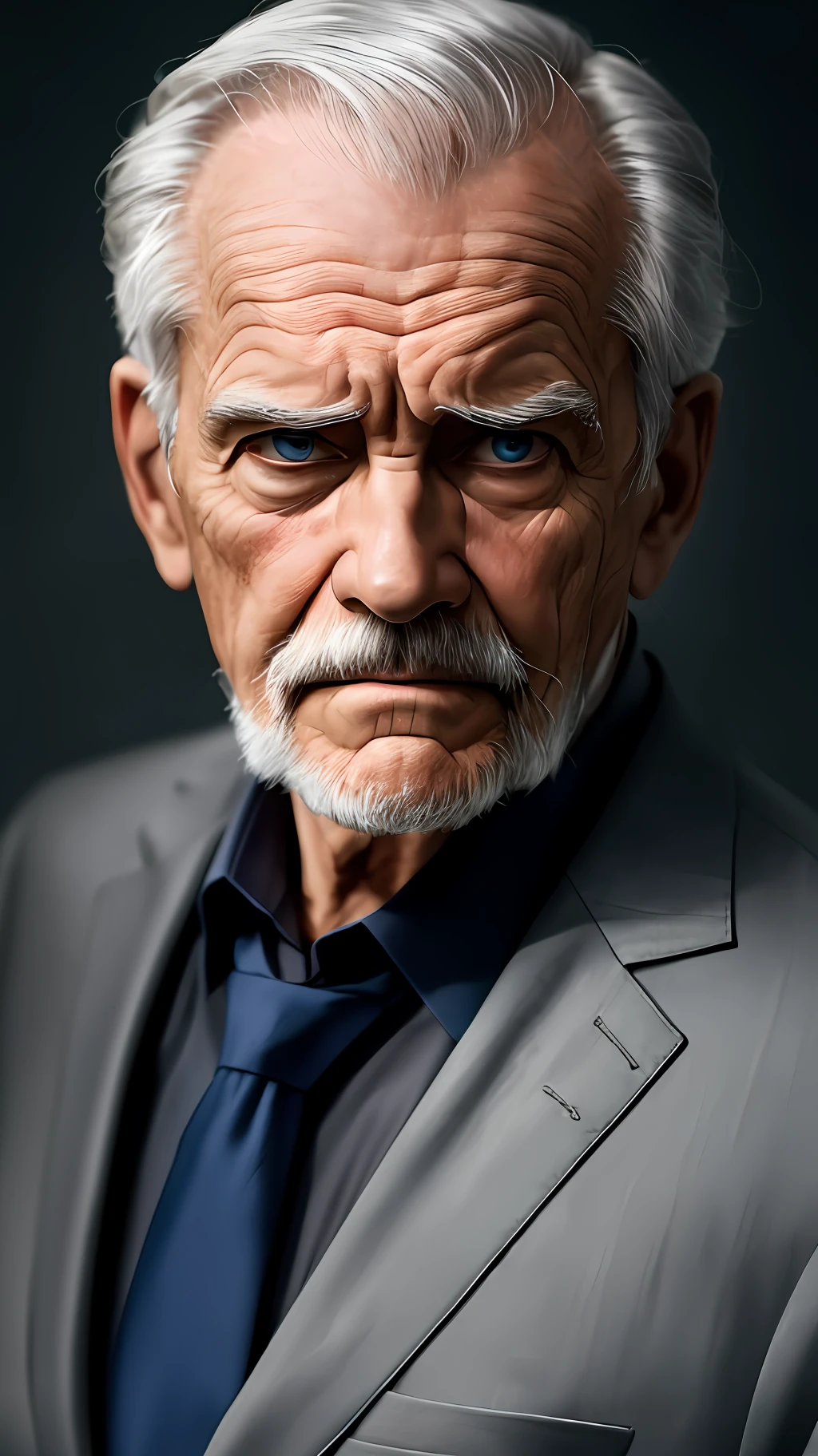Old man in dark gray suit, with gray hair and strong facial expressions staring at the camera lens, dark picture background, dark tones --auto