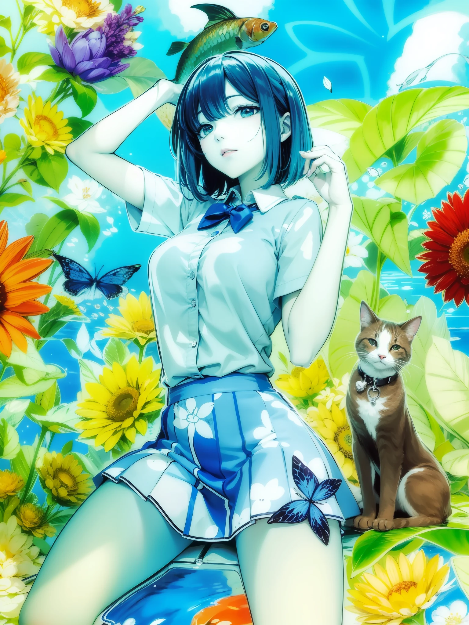 Adjusting lines and colors, pale pencil and ink illustration, woman sleeping with cat, carp swimming in the background, anime-style illustration