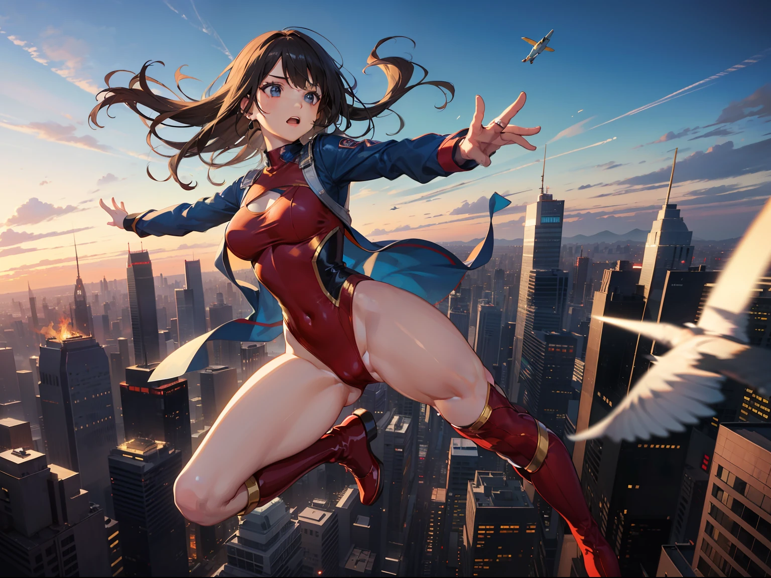 ((masterpiece)), ((best quality)), ((highres)), ((dynamic flying pose)), 1girl, solo, superhero, bare legs, (leotard), city backdrop, knee boots, perfect hands