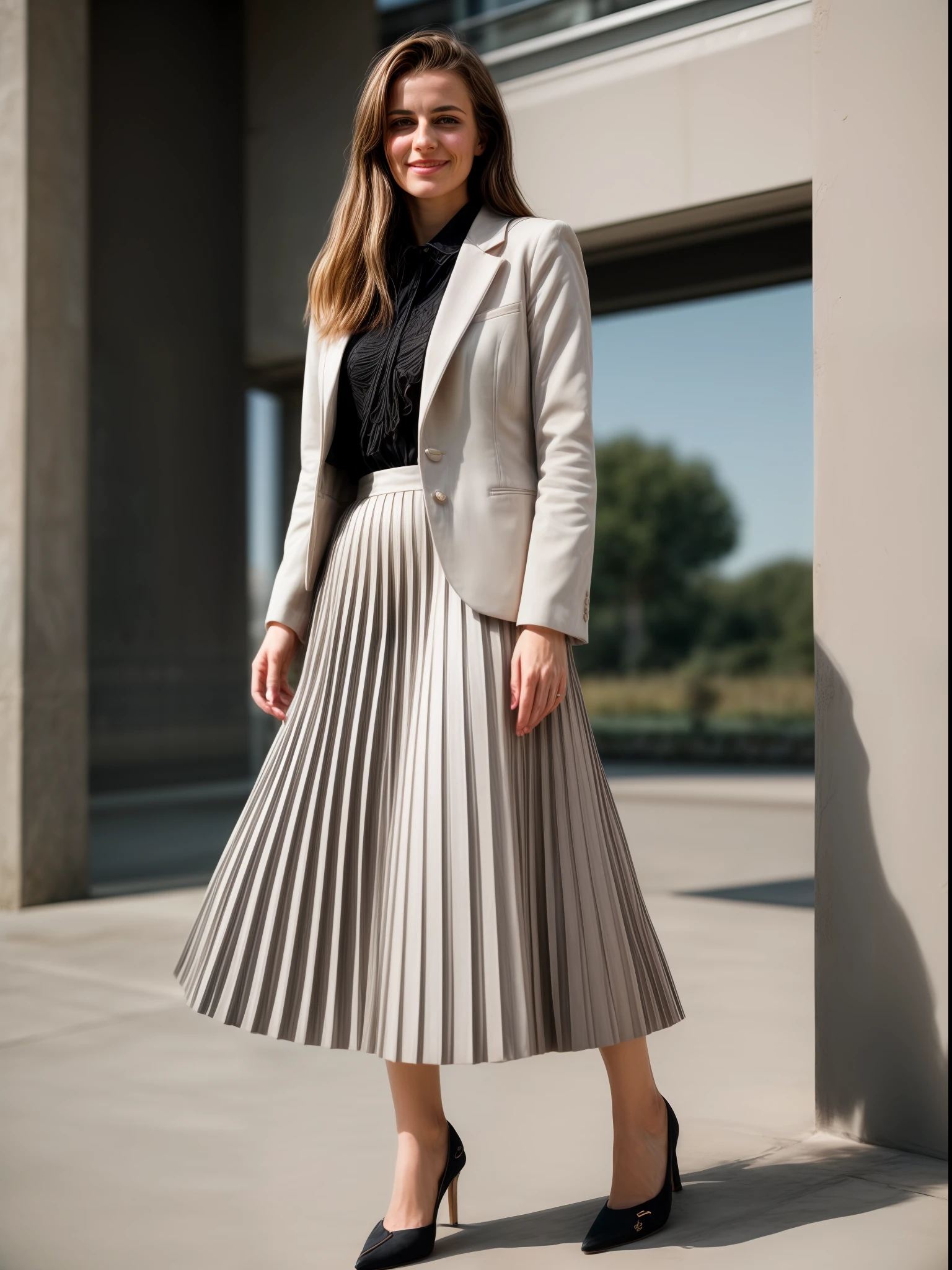authentic (very shy smiling) good woman wearing a short blazer with a very very detailed (long (fully pleated) full circle skirt) and (simple) low heeled office shoes, very very intricate hyper-detailed symmetric (attractive graceful young feminine face) with (sad, tired eyes and shy smile:1,8), full of empathy and compassion and love, (pronounced (feminine) features), (highly detailed ultra accurate realistic) hands and fingers, (windy conditions and wind blowing), epic composition, highly detailed attributes, highly detailed atmosphere, (35mm f1.4 Kodak portra 400 photograph), extremely high quality RAW photograph, intricate, Exquisite details and textures,