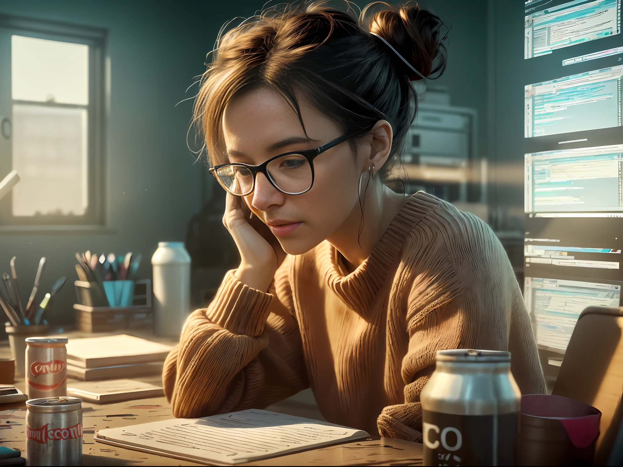 A  beautiful lady with a messy bun and glasses, wearing a knitted sweater, stressed out, tired, exhausted , working on some coding on the computer at her messy desk full of garbage, empty energy cans, and spills, cinematic light, soft light, backlit, micro-details, photorealism, photorealistic