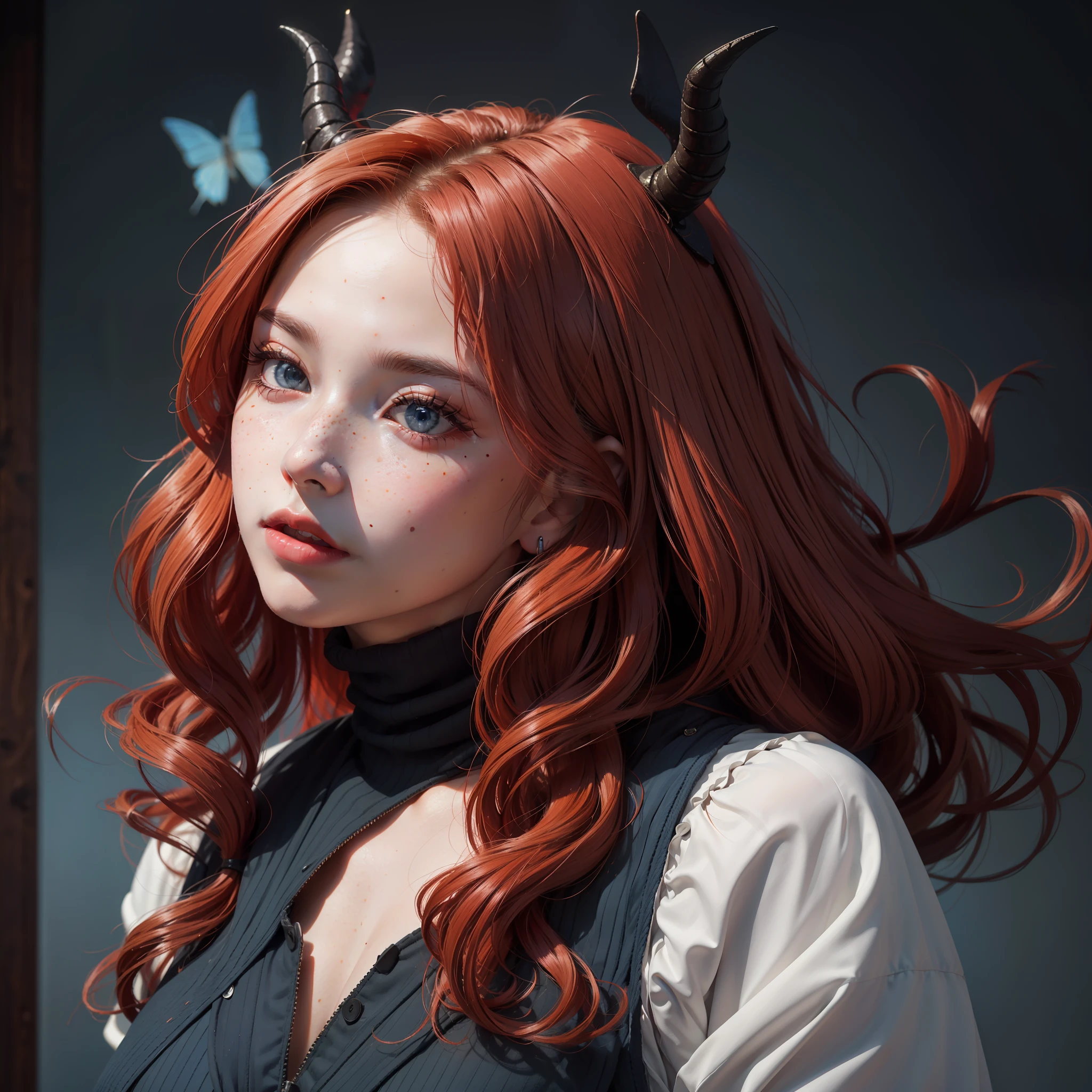 (absurd, highres, ultra detailed), 1 woman, adult, beautiful, tall woman, finely detailed eyes, light red colored hair, wavy long hair, demon behind woman, complex pattern, detailed face, adult face, no hands appearing, mouth closed tightly, (Dutch angle), overcoat, night, dark blue eyes, butterflies flying around, freckles, adult face, mature