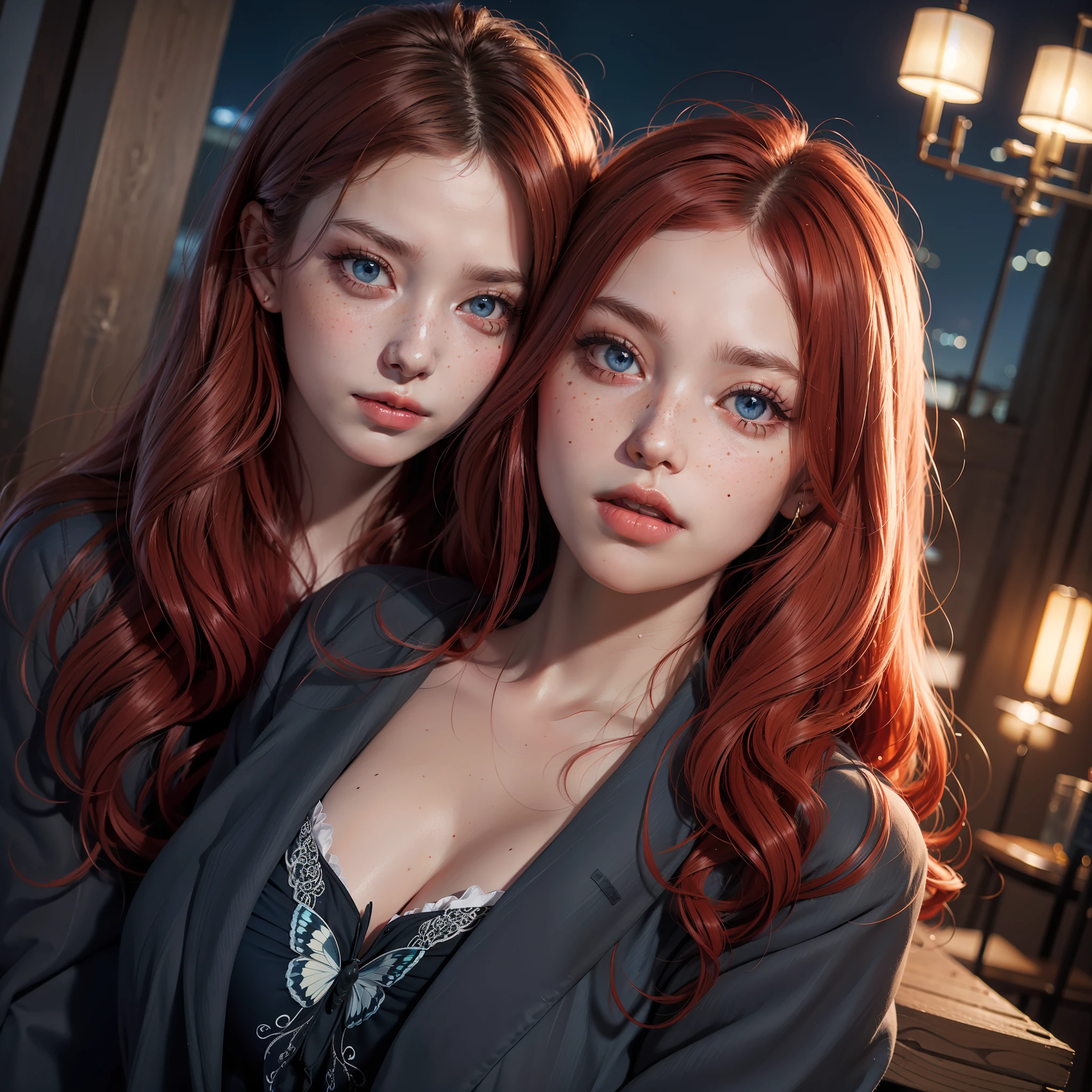 (absurd, highres, ultra detailed), 1 woman, adult, beautiful, tall woman, finely detailed eyes, light red colored hair, wavy long hair, demon behind woman, complex pattern, detailed face, adult face, no hands appearing, mouth closed tightly, (Dutch angle), overcoat, night, dark blue eyes, butterflies flying around, freckles, adult face, mature