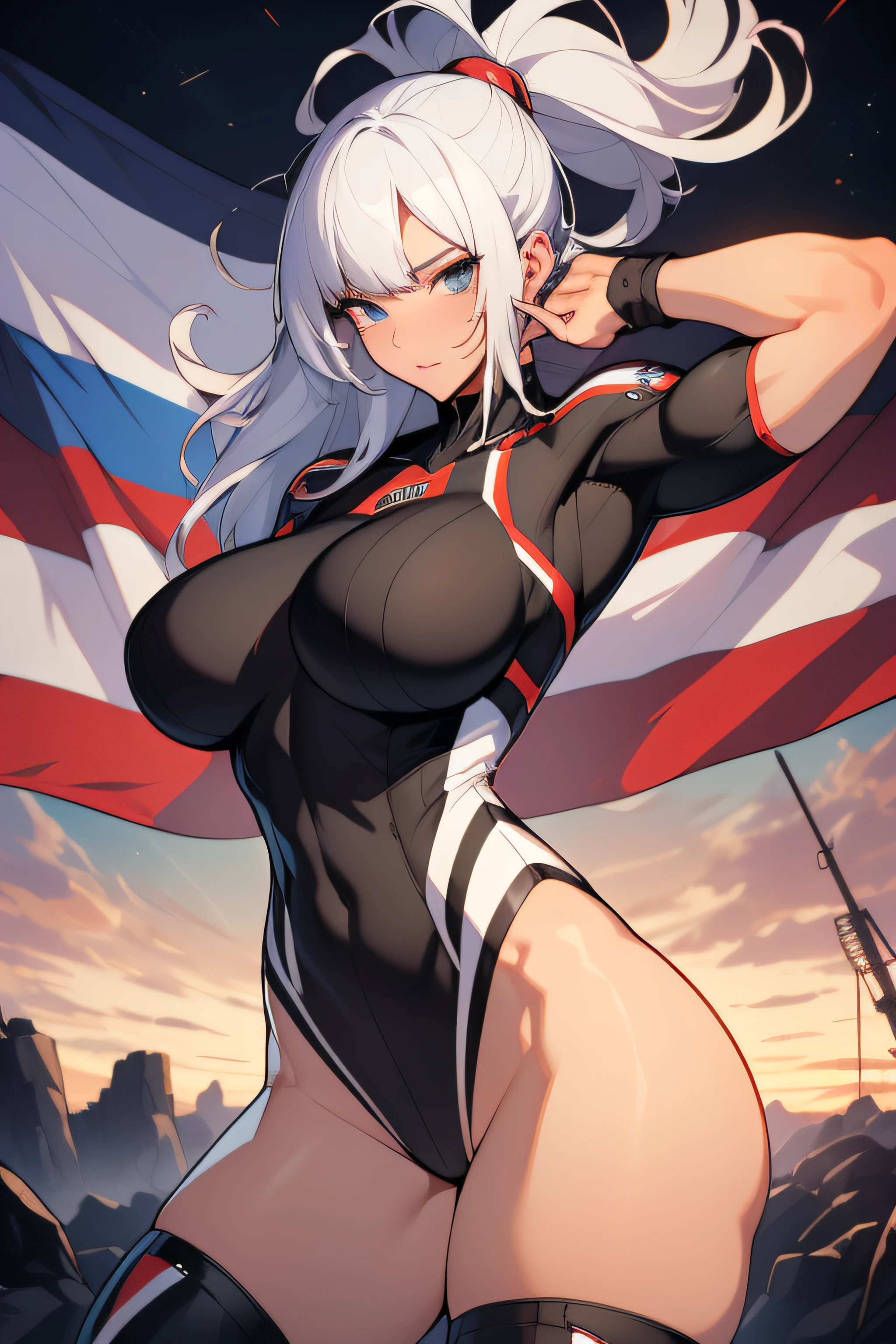 (((Simon Bisley)))), mature woman 35 years old muscular gorgeous, huge robot pilot, perfect body, bare thighs, ((((ridiculously large breasts))), (ridiculously huge breasts: 1.5), (((huge breasts)), white hair with bangs, small clothes, small laces, faint in the colors of the flag of the Czech Republic, sensual pose, poses with attitude, added movement, Big breasts, technical landscape