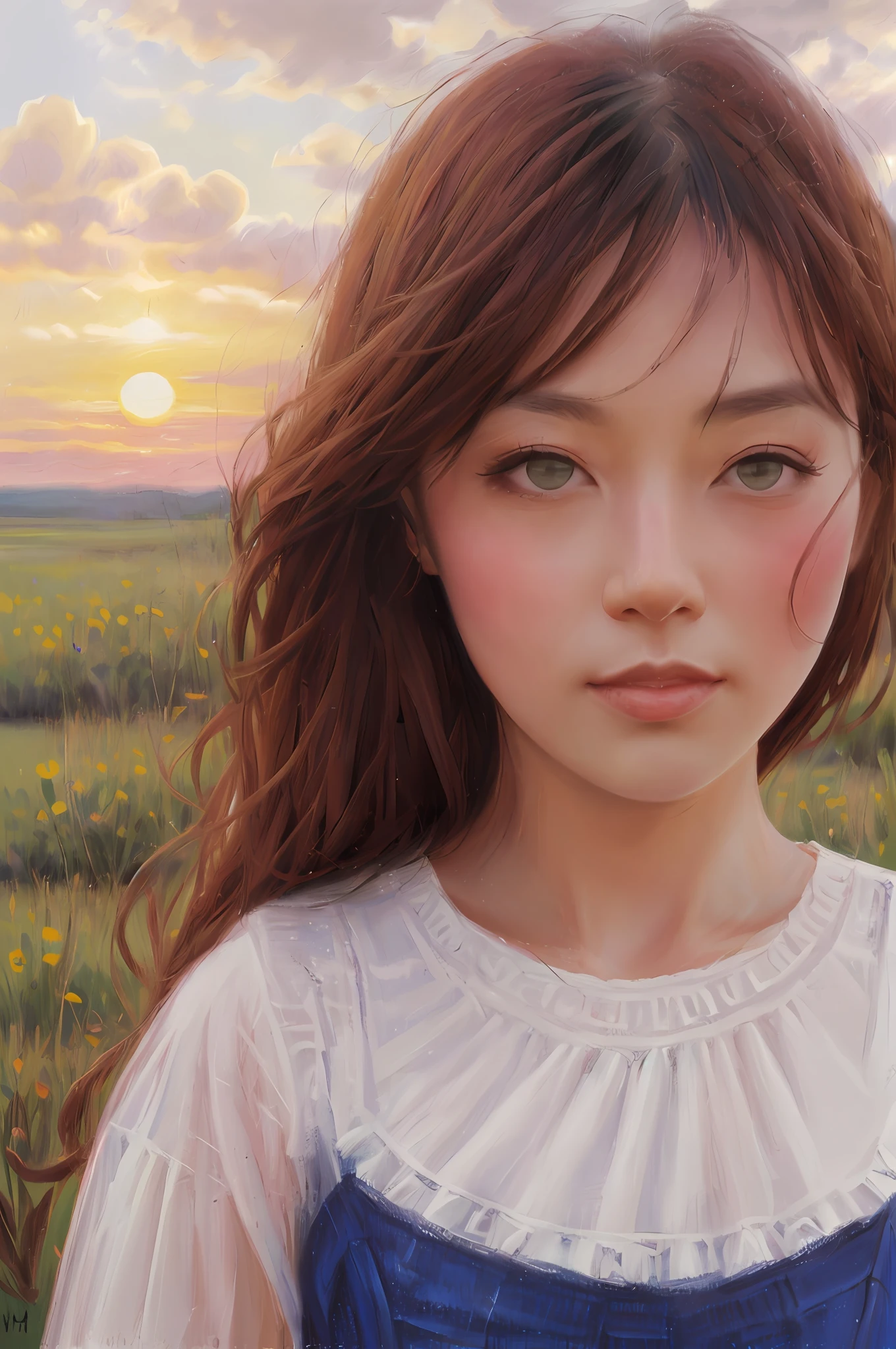 Eveel SG, (Women: 1.2), (Summer Night Sunset: 1.3), Black Mascara Upper and Lower Eyelid Eyeliner, (8k, RAW Photo, Best Quality, Masterpiece: 1.2), (Hyper-Realistic, Photorealistic: 1.37), Best Quality, Ultra High Resolution, (Face Focus: 1.8), (Portrait Face: 1.7), (Large Face: 1.5), (High Contrast: 1.1), (Intensive: 1.1), (Detailed: 1.1), (Top Quality, (Analog: 1.2), (High Sharpness), True Shadow, Shot on Canon EOS R6, 135mm, 1/1250 sec., f/2.8, ISO 400, (summer dress: 1.3), (in-field: 1.2), (fancy clouds: 1.3),