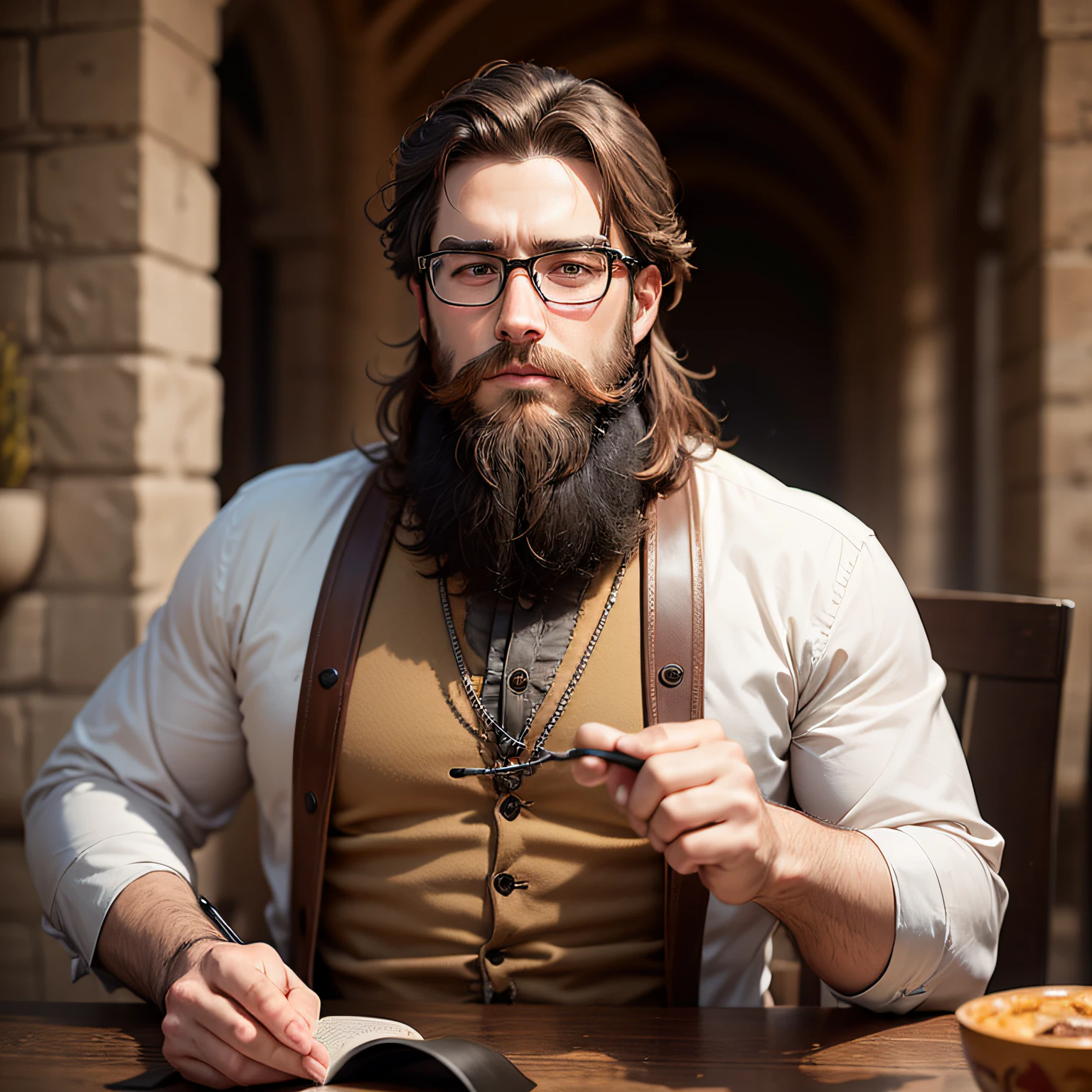 Thirty-five-year-old man, glasses, itelectual appearance and social clothes of the Middle Ages, brown hair, beard and gentle presence --auto
