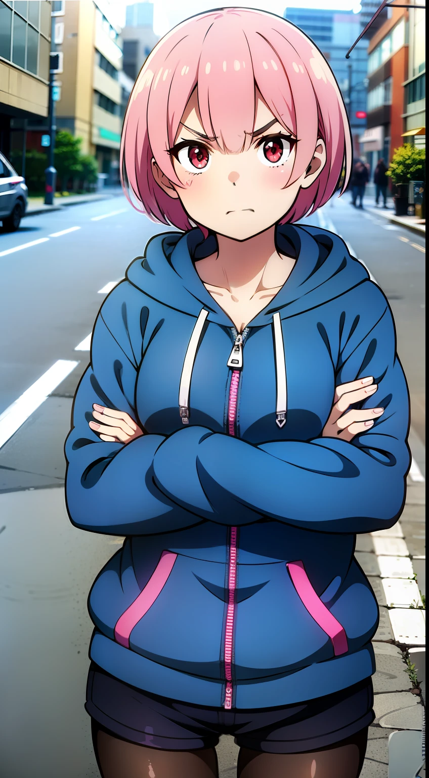 masterpiece, rem rezero, pink hair, red eyes, detailed eyes, angry face, hoodie open zipper, blue shirt, dark shorts, pantyhose, casual oufit, crossed arms, standing in the middle of the street, legs apart, looking at the viewer,