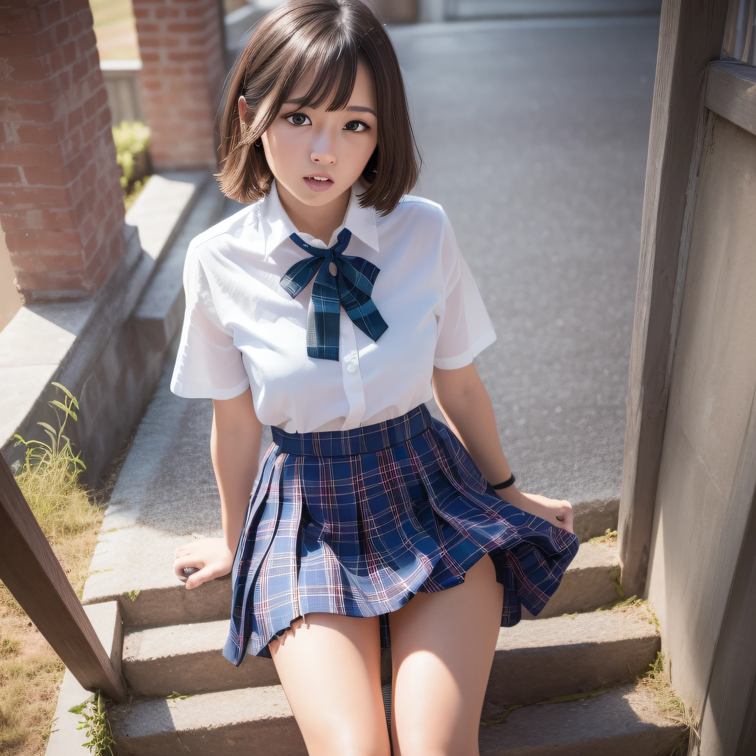 School Girls, (((Top Quality, 16k, Masterpiece: 1.3)), Ultra-Realistic, Masterpiece, Sharp Focus, Super Detail, Absurdity, High Resolution, Dynamic Lighting, 50mm Portrait, City, Night, Cute, Glossy Skin, Delicate Face, Surprised Look, White Shirt, Blue Ribbon, Shortcut Hair, Dark Blue Pleated Skirt with Tartan Plaid Pattern, ( ((skirt flips: 1.5)))), ((Lower body shows white underwear: 1.4)))), angle from diagonally down, baby face, tight bust top, descending stairs, (taken from overhead to knees: 1.4)