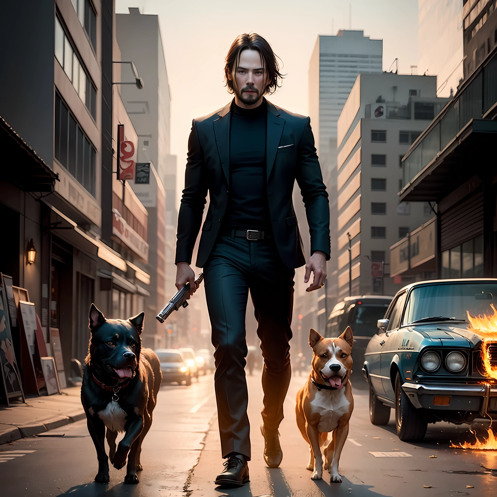 "Generate a CYBERPUNK Soldier STYLE artwork featuring Keanu Reeves as John Wick and his Blue nose pitbull dog. The artwork should showcase a highly detailed scene with Keanu standing in a futuristic cityscape, holding futuristic weapons. The background should include his 1969 CHEVY NOVA SS engulfed in flames. The overall quality and attention to detail should be impeccable." --auto
