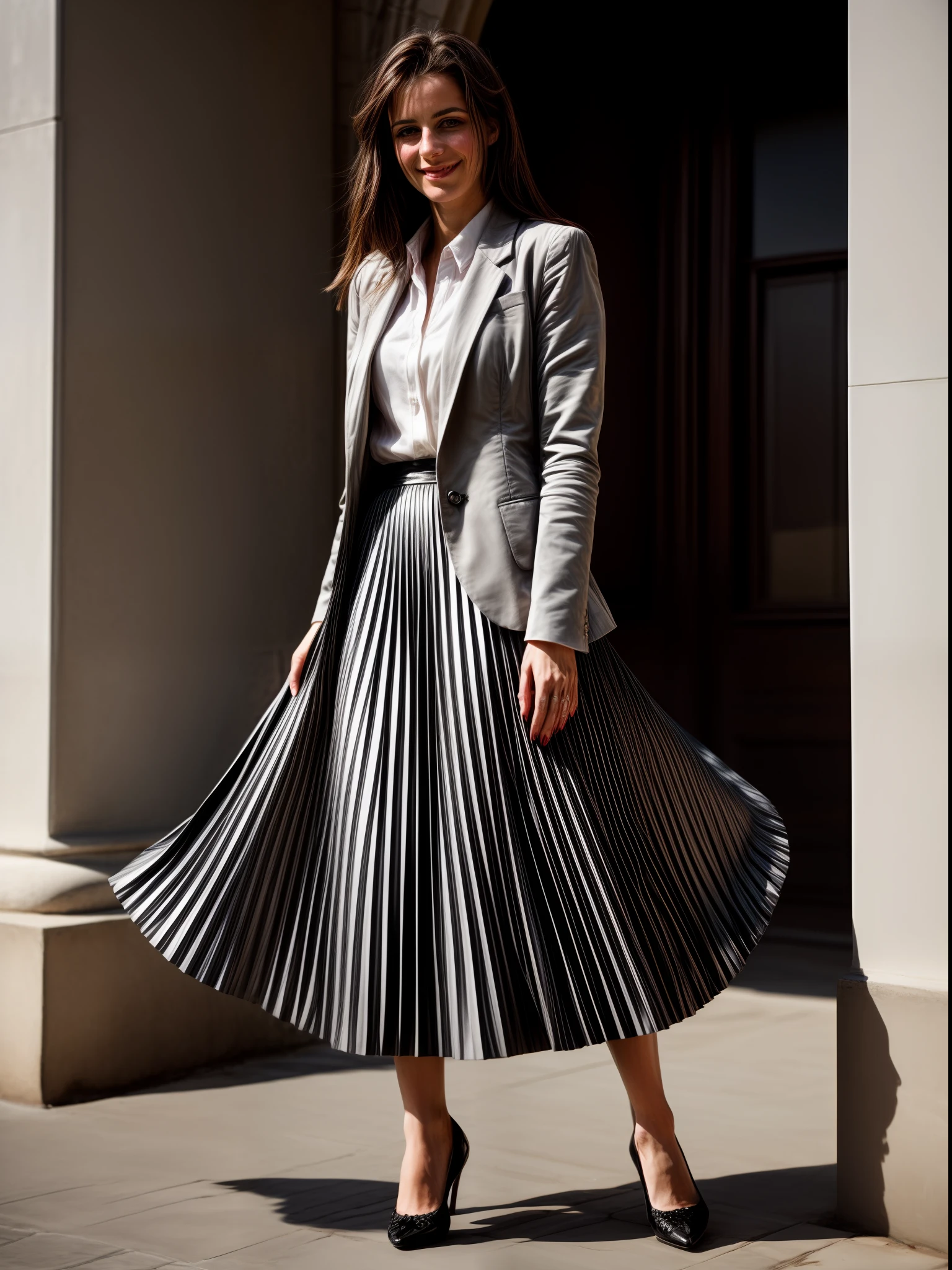authentic (very shy smiling) good woman wearing a short blazer with a very very detailed (long (fully pleated) full circle skirt) and (simple) low heeled office shoes, very very intricate hyper-detailed symmetric (attractive graceful young feminine face) with (sad, tired eyes and shy smile:1,8), full of empathy and compassion and love, (pronounced (feminine) features), (highly detailed ultra accurate realistic) hands and fingers, (windy conditions and wind blowing), epic composition, highly detailed attributes, highly detailed atmosphere, (35mm f1.4 Kodak portra 400 photograph), extremely high quality RAW photograph, intricate, Exquisite details and textures,