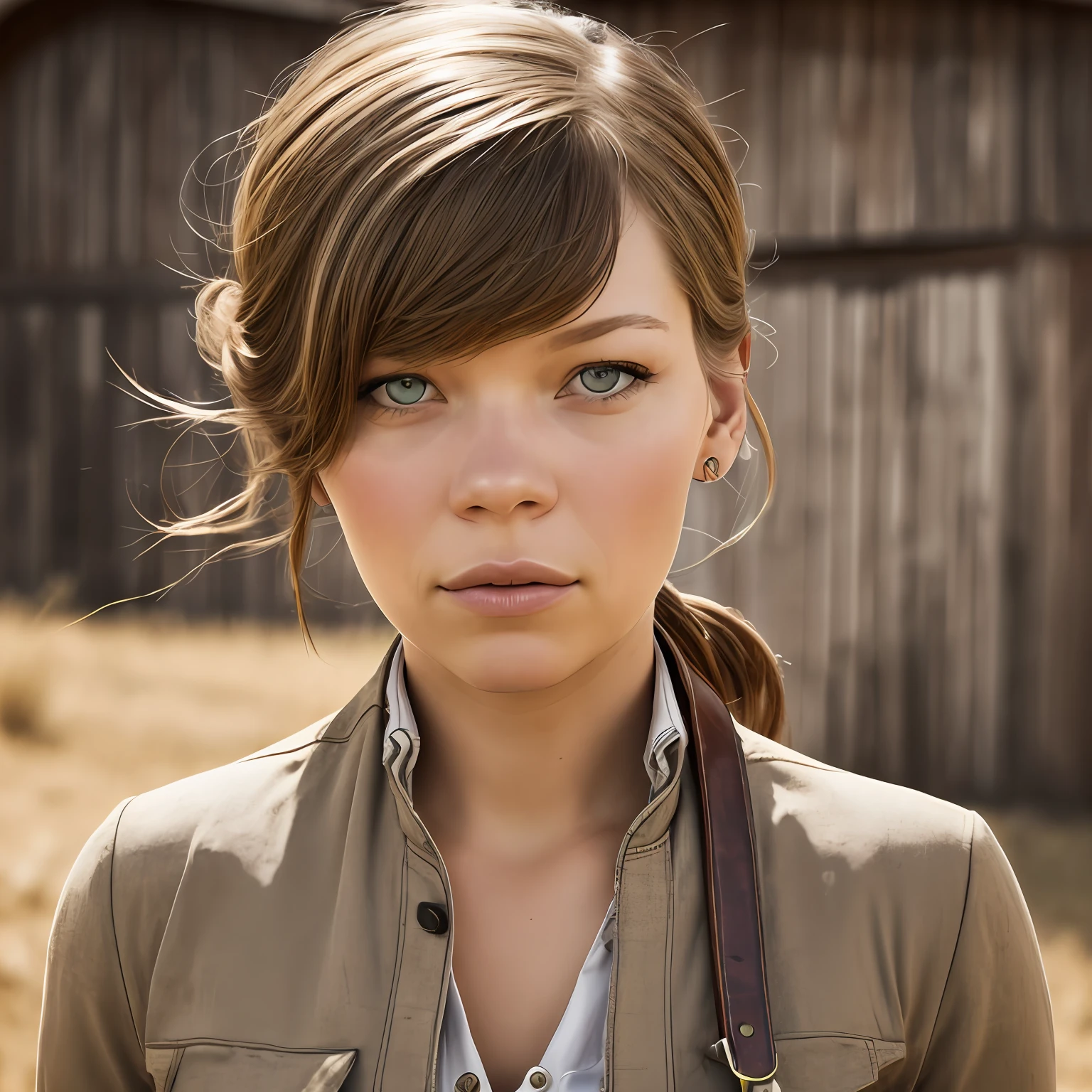 Photograph of a beautiful gunslinger girl from the Wild West, with the face of actress Lea Seydoux. With a defiant and seductive look, and the appearance of having come out of a hard battle. High quality photography in high resolution, similar in look to a cinematic film capture. In the background you can see a barn with horses. --auto