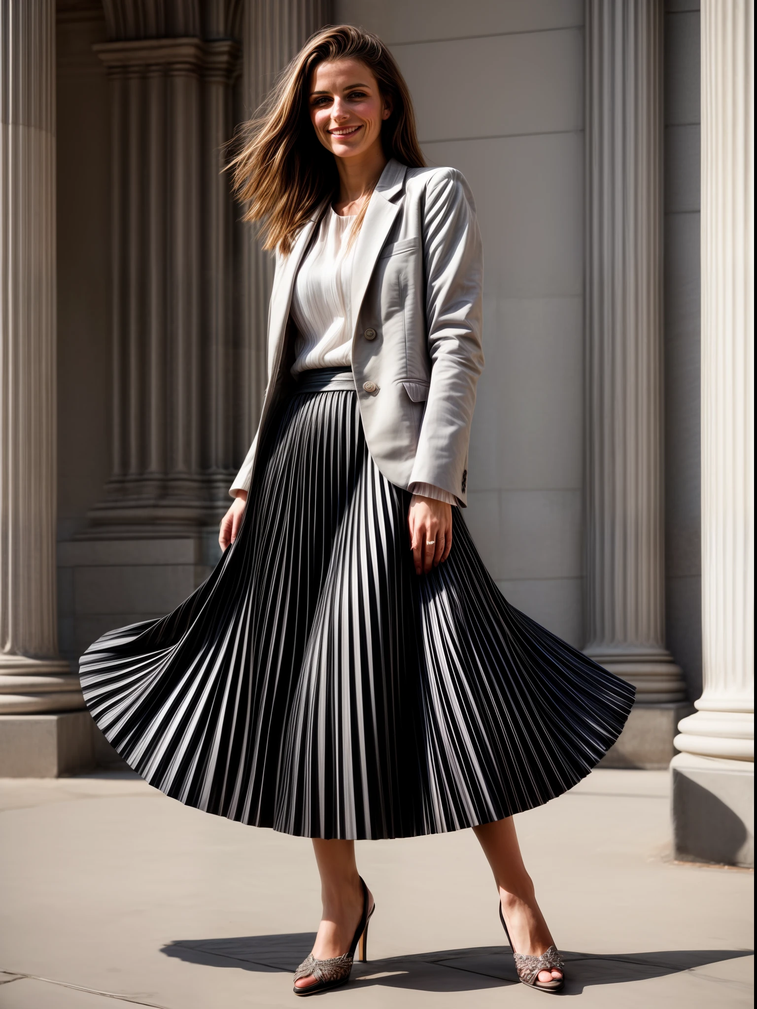 authentic (very shy smiling) good woman wearing a short blazer with a very very detailed (long (fully pleated) full circle skirt) and (simple) low heeled office shoes, very very intricate hyper-detailed symmetric (attractive graceful young feminine face) with (sad, tired eyes and shy smile:1,8), full of empathy and compassion and love, (pronounced (feminine) features), (highly detailed ultra accurate realistic) hands and fingers, (windy conditions and wind blowing), epic composition, highly detailed attributes, highly detailed atmosphere, (35mm f1.4 Kodak portra 400 photograph), extremely high quality RAW photograph, intricate, Exquisite details and textures,