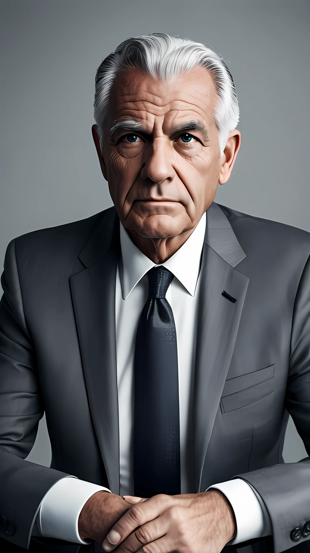 Old man in black suit and white tie, with full gray hair and strong facial xpressions looking at the camera lens, dark image background, dark tones, ultra realistic image, 8k --auto