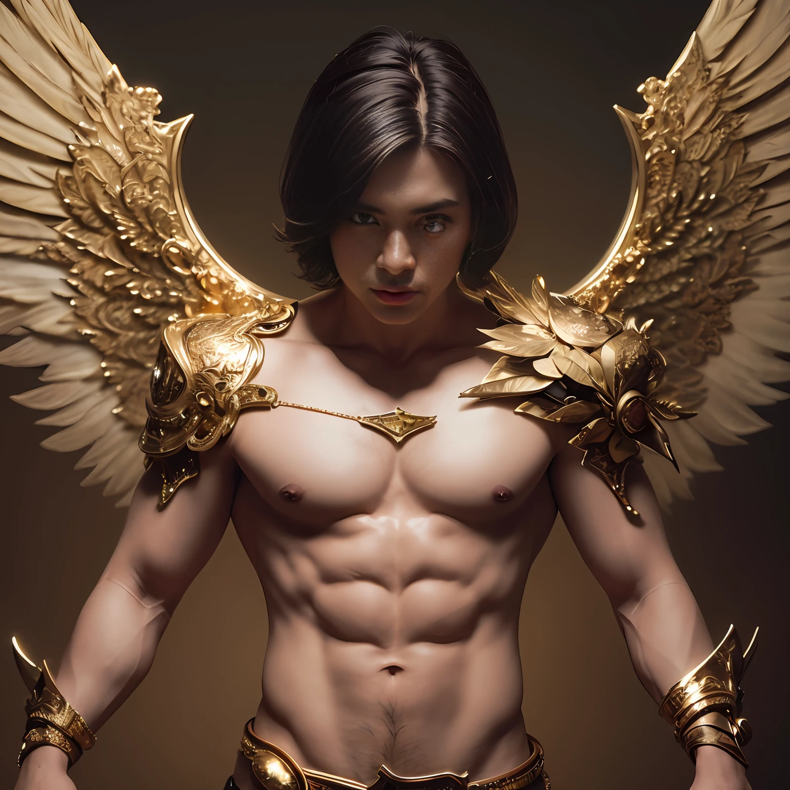 Fairy male man with orange and gold details, large wings, detailed face, detailed hands, detailed legs, detailed fingers, detailed hair, detailed eyes, detailed skin, lush vegetation blurred background, vibrant colors, lush light, soft light, sunset light, smooth light, symmetrical, full body, reflections, dynamic HDR lighting, 8k resolution, cinematic film, smooth, sharp focus, realistic, strobe light beams, ((blurred background)):1.7, (((depth of field)) ):1.8, cinestill 800t 35mm, high quality, heavy grain, high detail, cinematic composition, dramatic light, anamorphic, ultra wide lens, hyperrealistic --auto