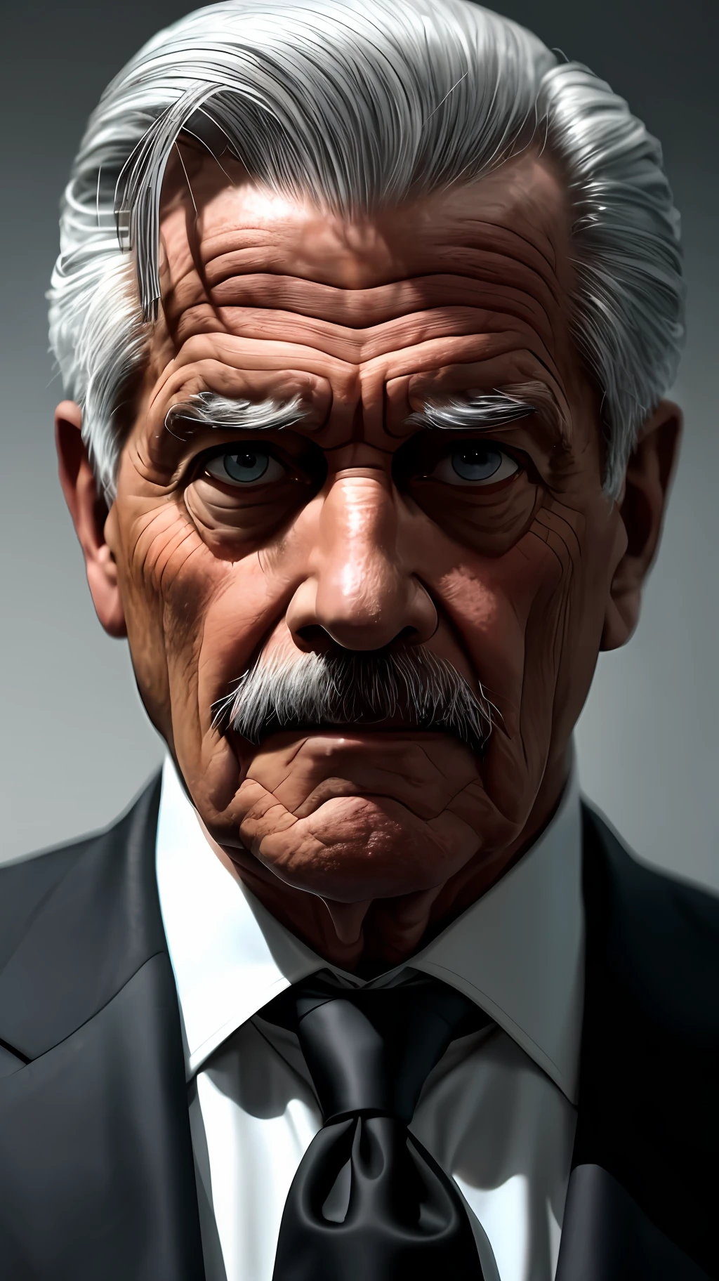Old man in black suit and white tie, with full gray hair and strong facial slurs looking at the camera lens, dark image background, dark tones --auto
