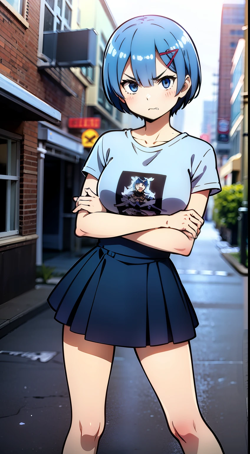 masterpiece, rem rezero, short blue hair, detailed eyes, angry face, shirt and skirt, casual oufit, crossed arms, standing in the middle of the street, legs apart, looking at the viewer,