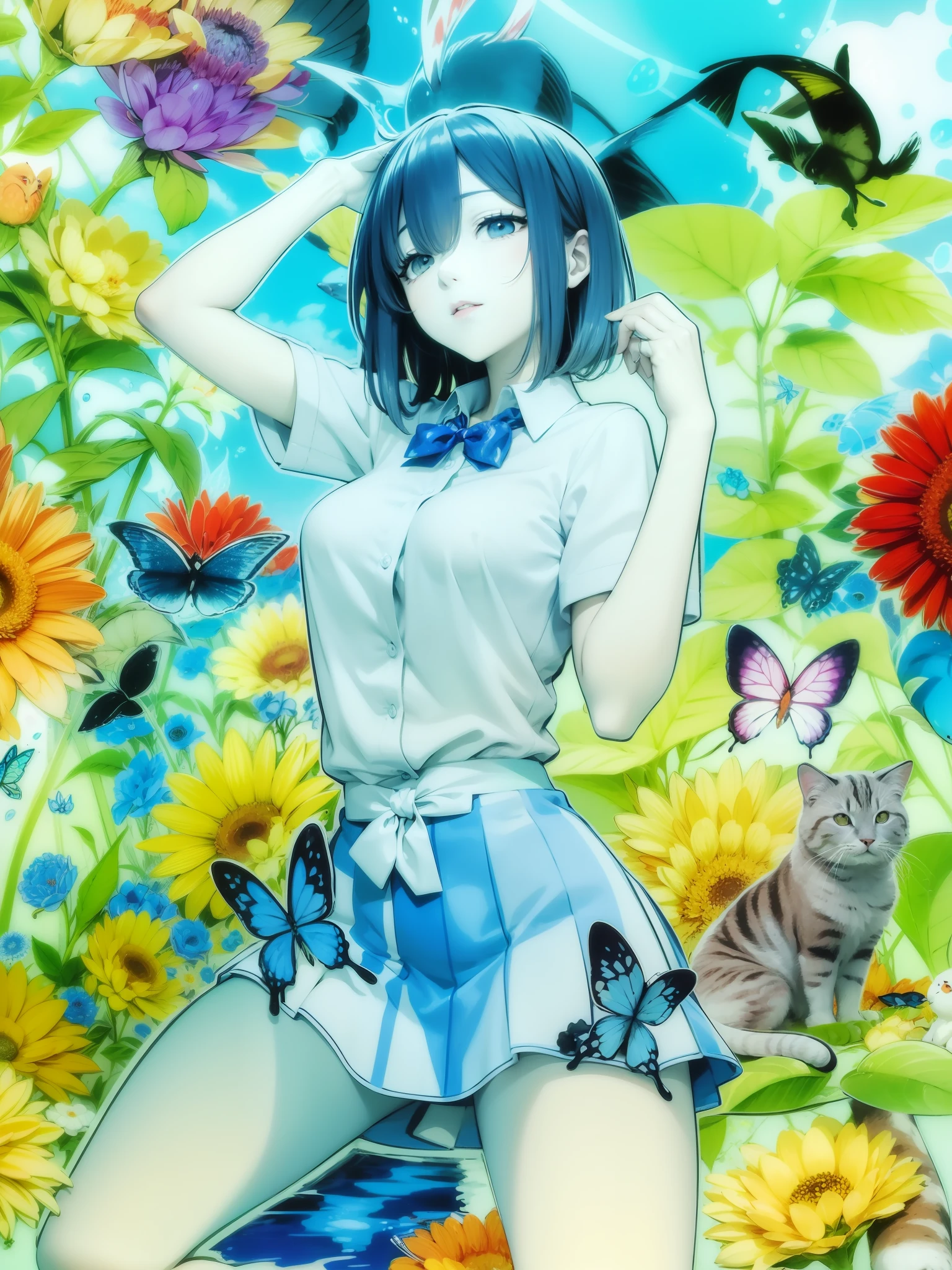 Adjusting lines and colors, illustration of pale shades of pencil and ink, woman sleeping with cat, carp swimming in the background, butterflies dancing, anime-style illustration
