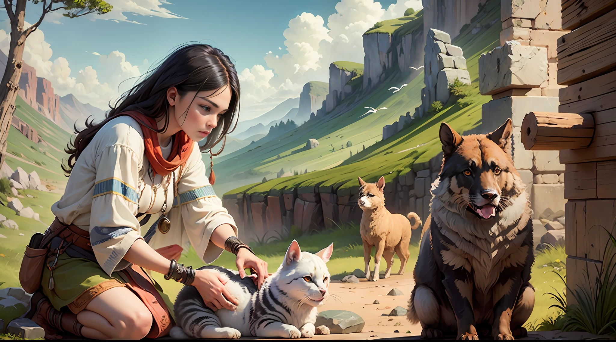 "Shepherd tending to animals in a prehistoric setting - Stone Age" --auto