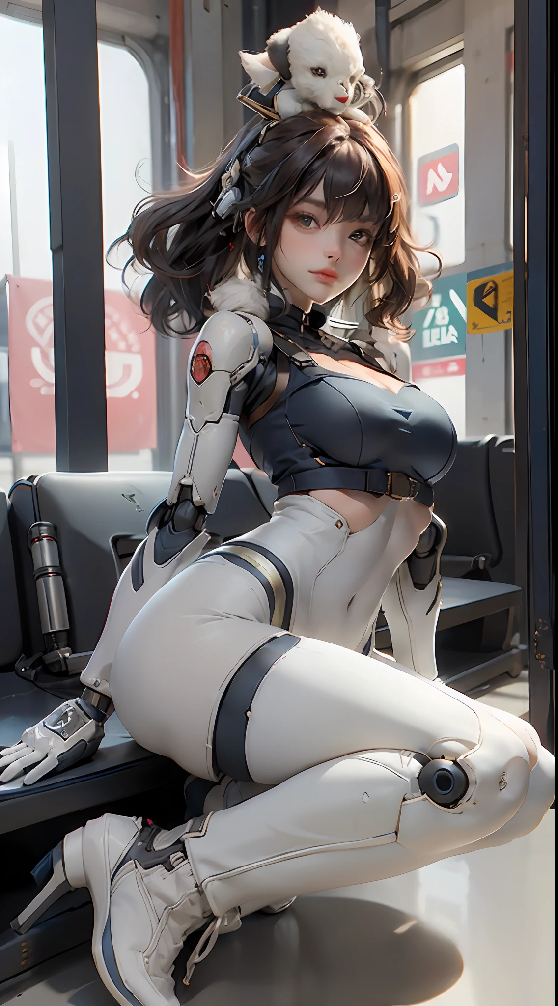 sitting, playground, navy blue color, head and full body and full legs, Extremely cute human girl face, human torso, human huge boobs, human abdomen, human hips, human arms, mechanical legs, arms and legs with hard white shiny shell and black joints, very beautiful and feminine, short, petite, small, small, busty buttocks, medium bust, cleavage display, flat belly display, partial helmet with antenna on the ear, black robot joints, very stylish, award-winning product design, black rubber tights, The shiny white metal breastplate opens at the cleavage and abdomen, the white metal buttocks are wrinkled, and the armor has stylish, glowing trims