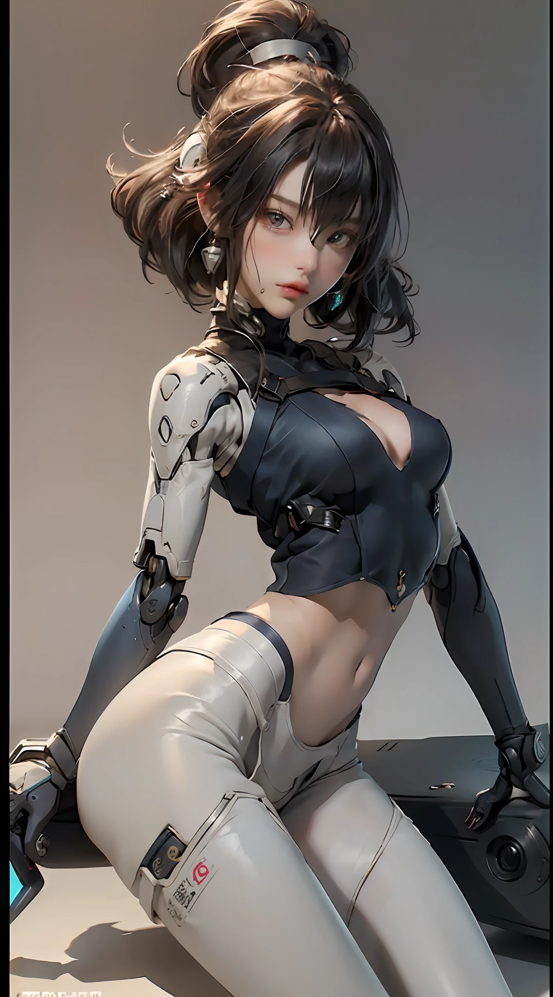sitting, playground, navy blue color, head and full body and full legs, Extremely cute human eighteen year old girl face, human torso, human huge boobs, human abdomen, human hips, human arms, mechanical legs, arms and legs with hard white shiny shell and black joints, very beautiful and feminine, short, petite, small, small, busty buttocks, medium bust, cleavage display, flat belly display, partial helmet with antenna on the ear, black robot joints, very stylish, award-winning product design, black rubber tights, The shiny white metal breastplate opens at the cleavage and abdomen, the white metal buttocks are wrinkled, and the armor has stylish, glowing trims