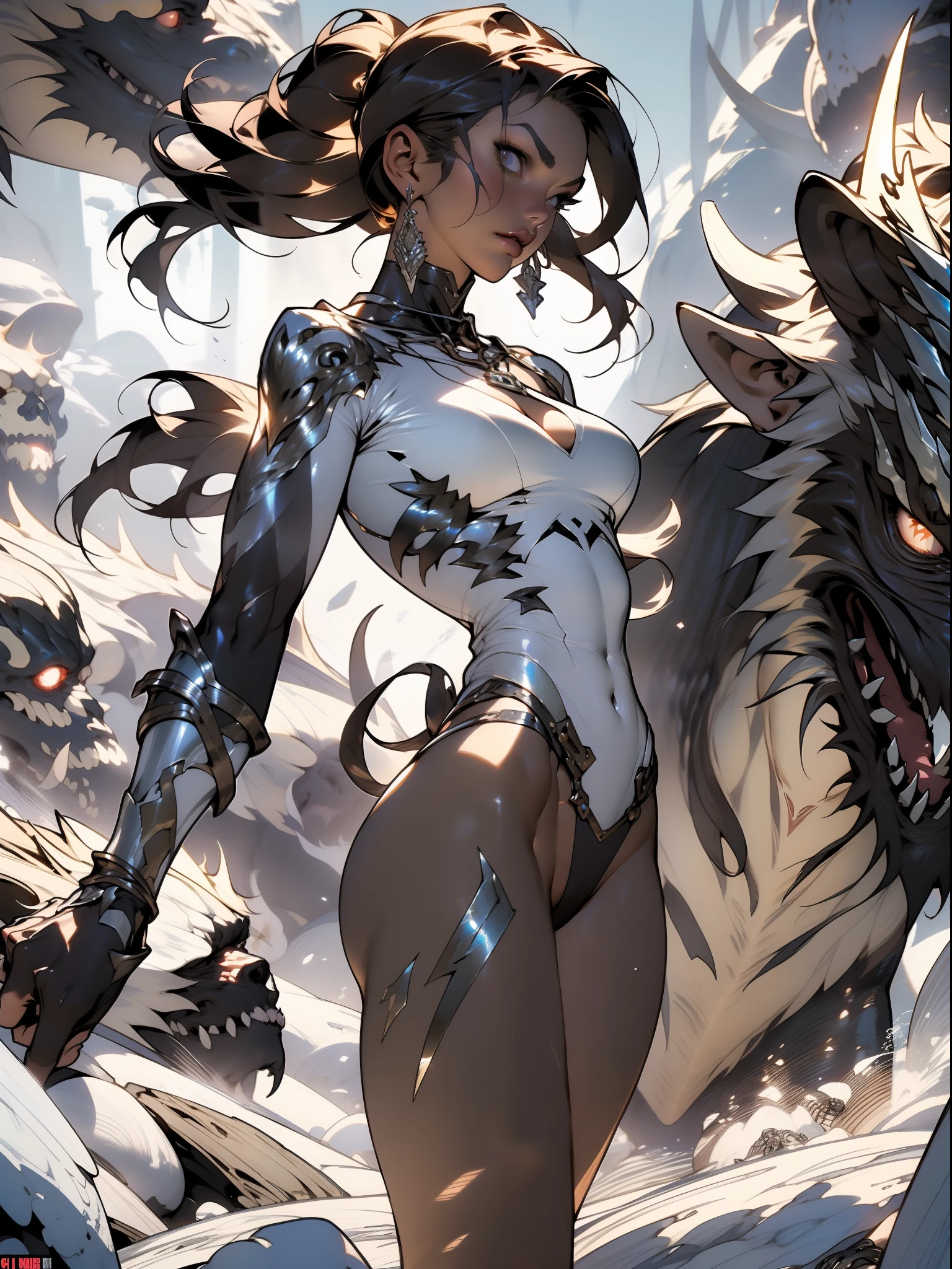 Sorayama style, metallic arm, (((best quality))), ((( masterpiece ))), ((( absurdres ))), ((( whole body)))), muscular woman beautiful warrior Barbara wielding a large war axe, Conan the barbarian style, Simon Bisley style for a cover of Heavy Metal magazine, (( tiny thong made of gleaming metal )), (( large breasts semi covered by gleaming metal )), white hair with dreadlocks,generous neckline, necklace of bones and teeth, Earring of bones, scenery of icy mountains, ((( whole body ))), ((( brown ))), ((((whole body)))