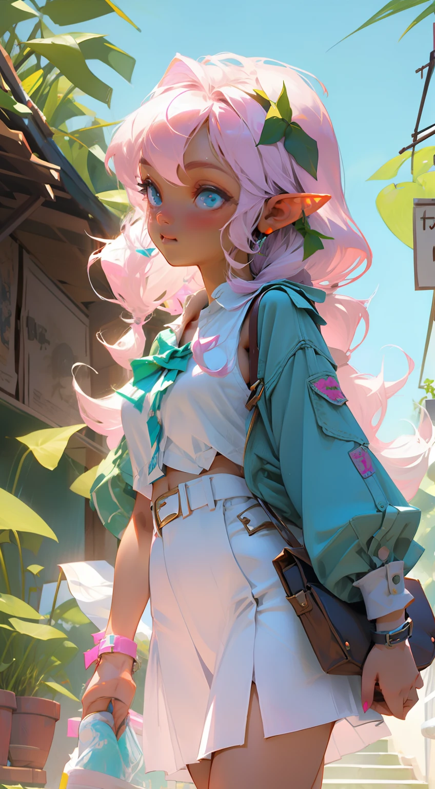 girl, in the style of pink and white, elf ears --style cute