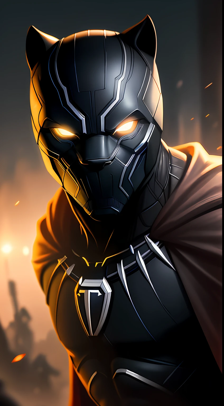 (dark shot: 1.1), epic realistic, Black Panther in the dark with glowing eyes and glowing cape, soft cinematic light, Adobe Lightroom, darkroom, HDR, intricate, highly detailed, (depth of field: 1.4), hyper-detail (artstation: 1.4), cinematic, warm light, dramatic light (complex details: 1.1)