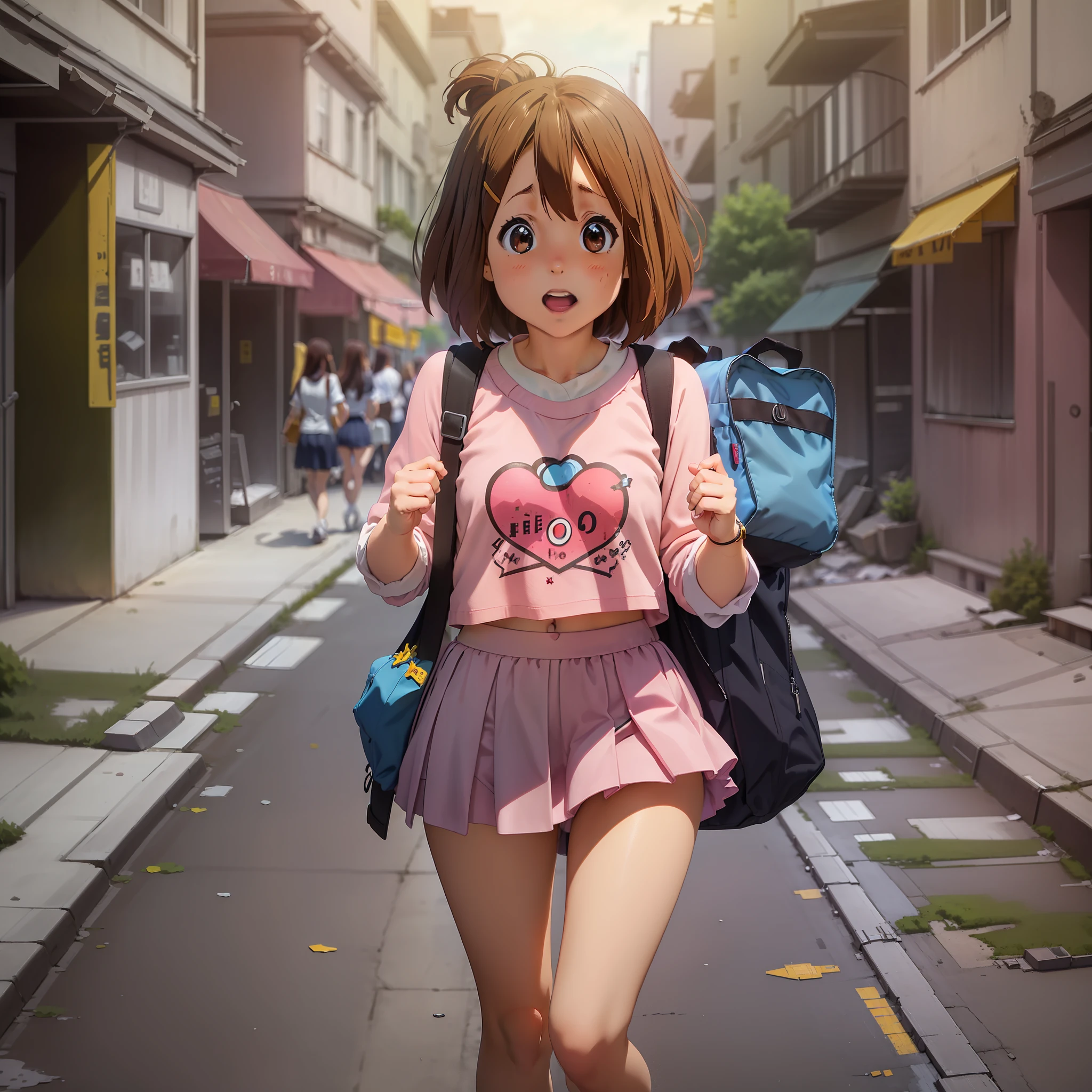 1 girl, Hirasawa_yui, bangs, high school student, loli, 18 years old, pink top, pink mini skirt, white socks, white panties,walking down the street, showing panties  (surprised face), ( , (((Destroyed City in Miniature: 5.0))