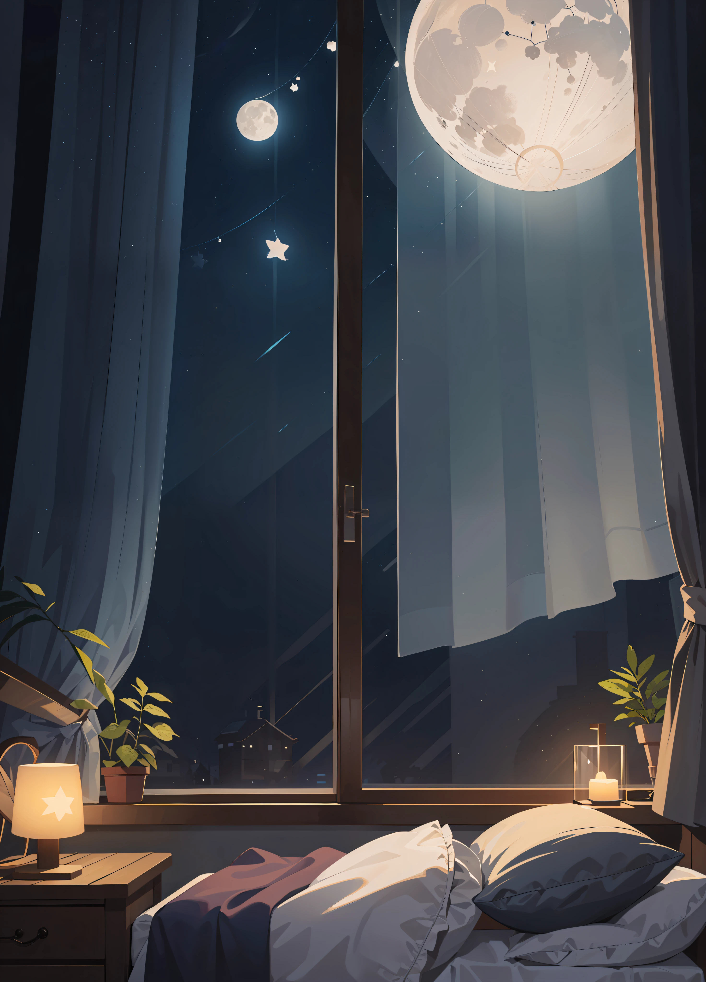 A bedroom window with night sky, full moon and stars in the sky illustration (illustration 8k), (Best quality) (Intricate details) (8K) (night sky)