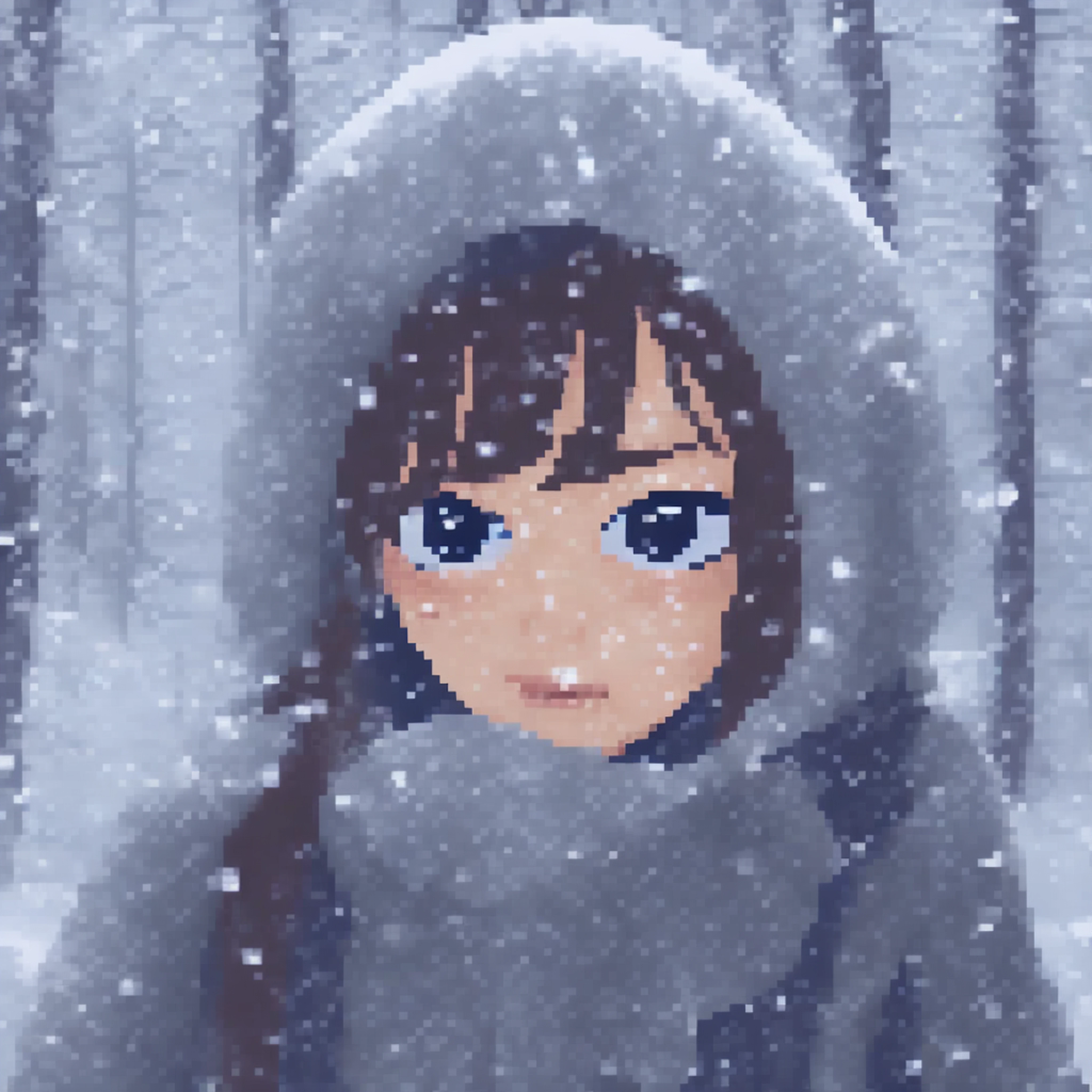 pixel sort, masterpiece, cute girl portrait, heavy snow in winter mountain forest, gray-blue atmosphere