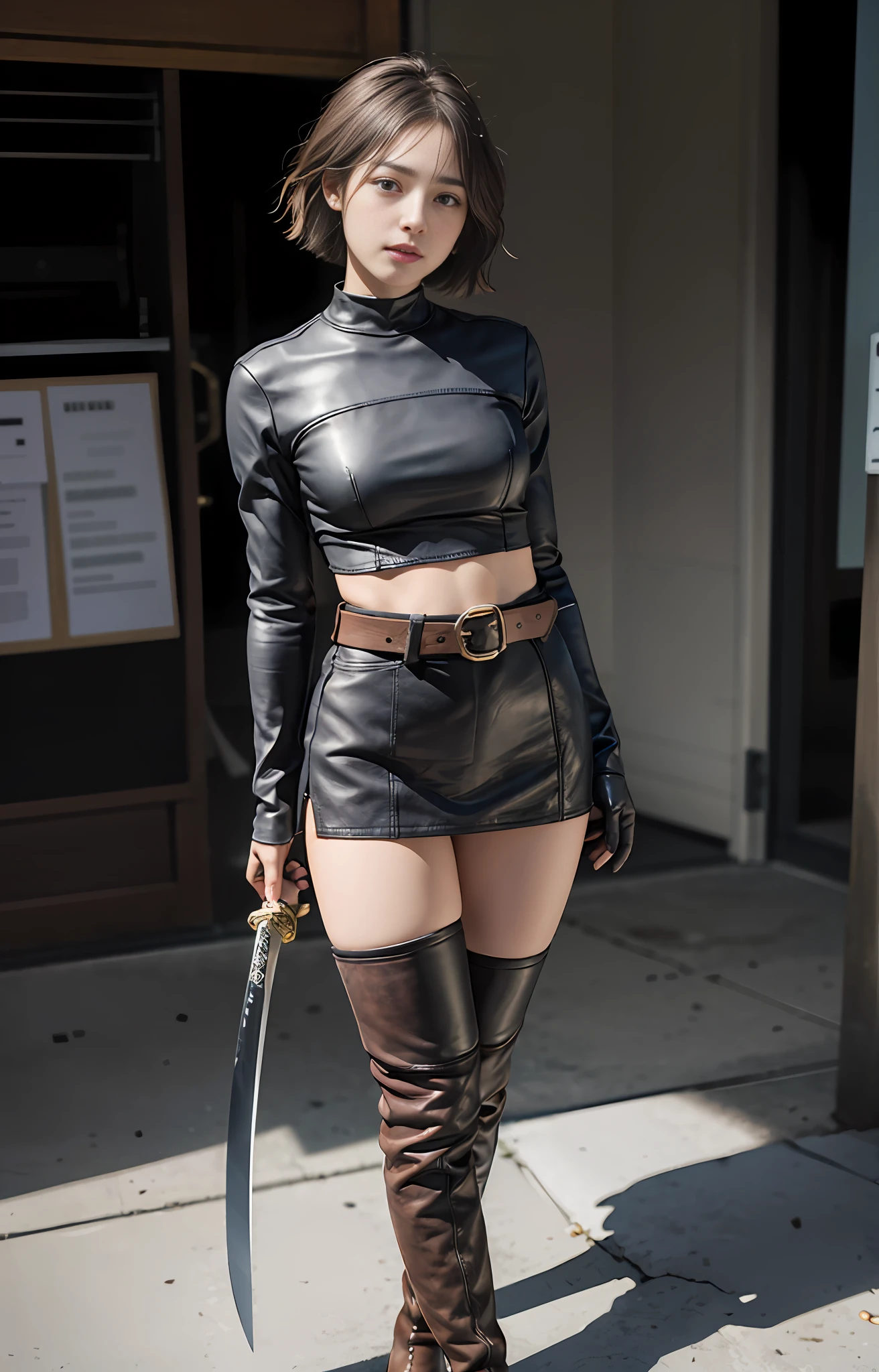 Official art, extremely detailed CG Unity 8k wallpaper, best quality, masterpiece, high resolution, beautiful girl ninja, short hair, black crop top leather armor, brown belt, scabbard on thigh, Japanese sword, leather gloves, black minileather skirt, black over-the-knee flat boots, tight leather suit, leather texture, full body photo, melon face, small face, fell to the ground, leaked out of the skirt, open legs, no panties,