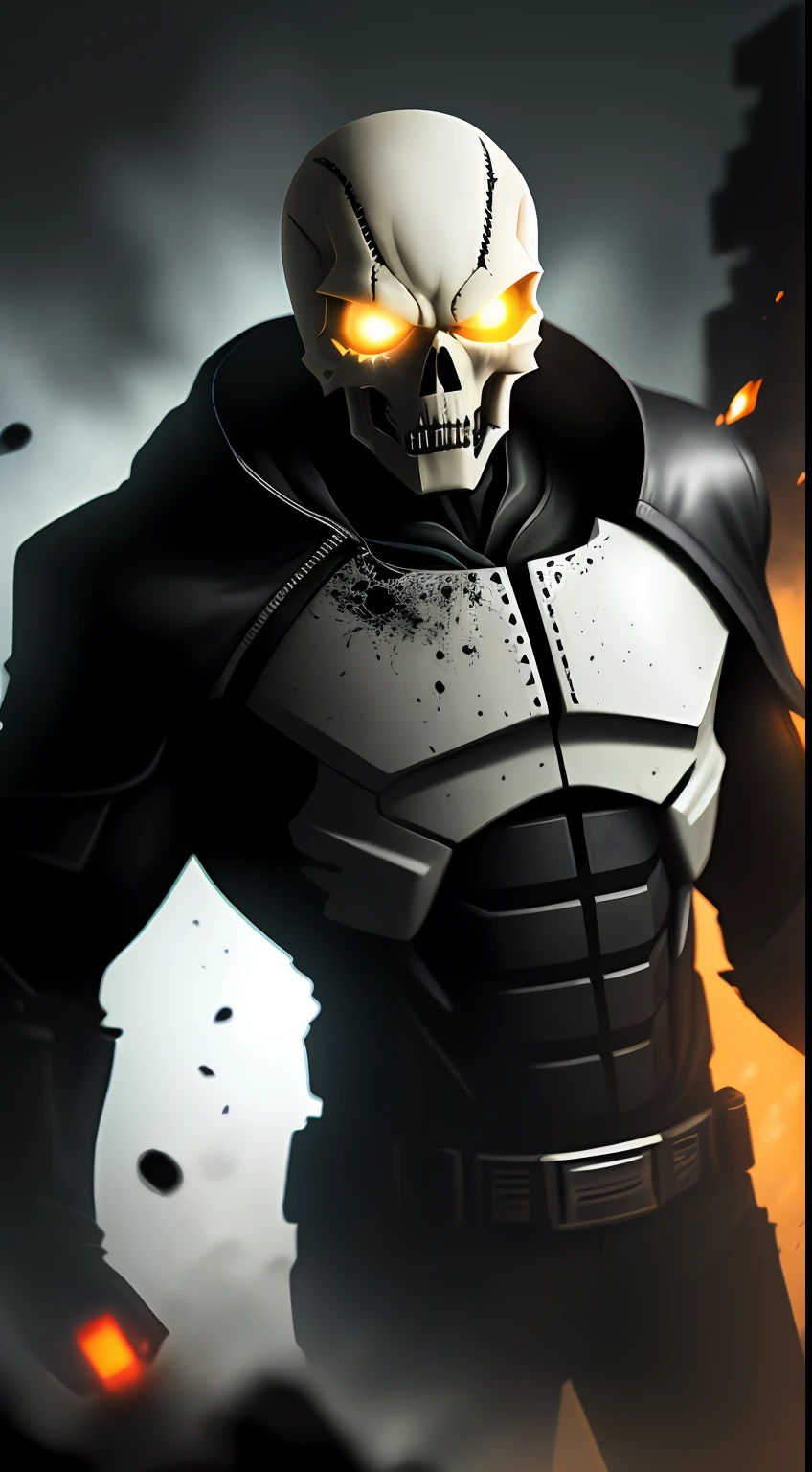 (dark shot: 1.1), epic realistic, Ghost Rider in the dark with glowing eyes and glowing cape, soft cinematic light, Adobe Lightroom, darkroom, HDR, intricate, highly detailed, (depth of field: 1.4), hyper-detail (artstation: 1.4), cinematic, warm light, dramatic light (complex details: 1.1)