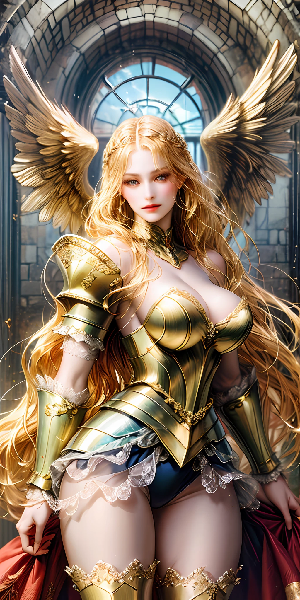 Peerless woman, blonde hair, long hair, inextricable, beautiful figure, graceful curves, big breasts, gold armor, standing, thighs, shoulder armor, cuirass, arm armor, elbow armor, leg armor, from the front, front view, golden wings, castle ruins, nobility