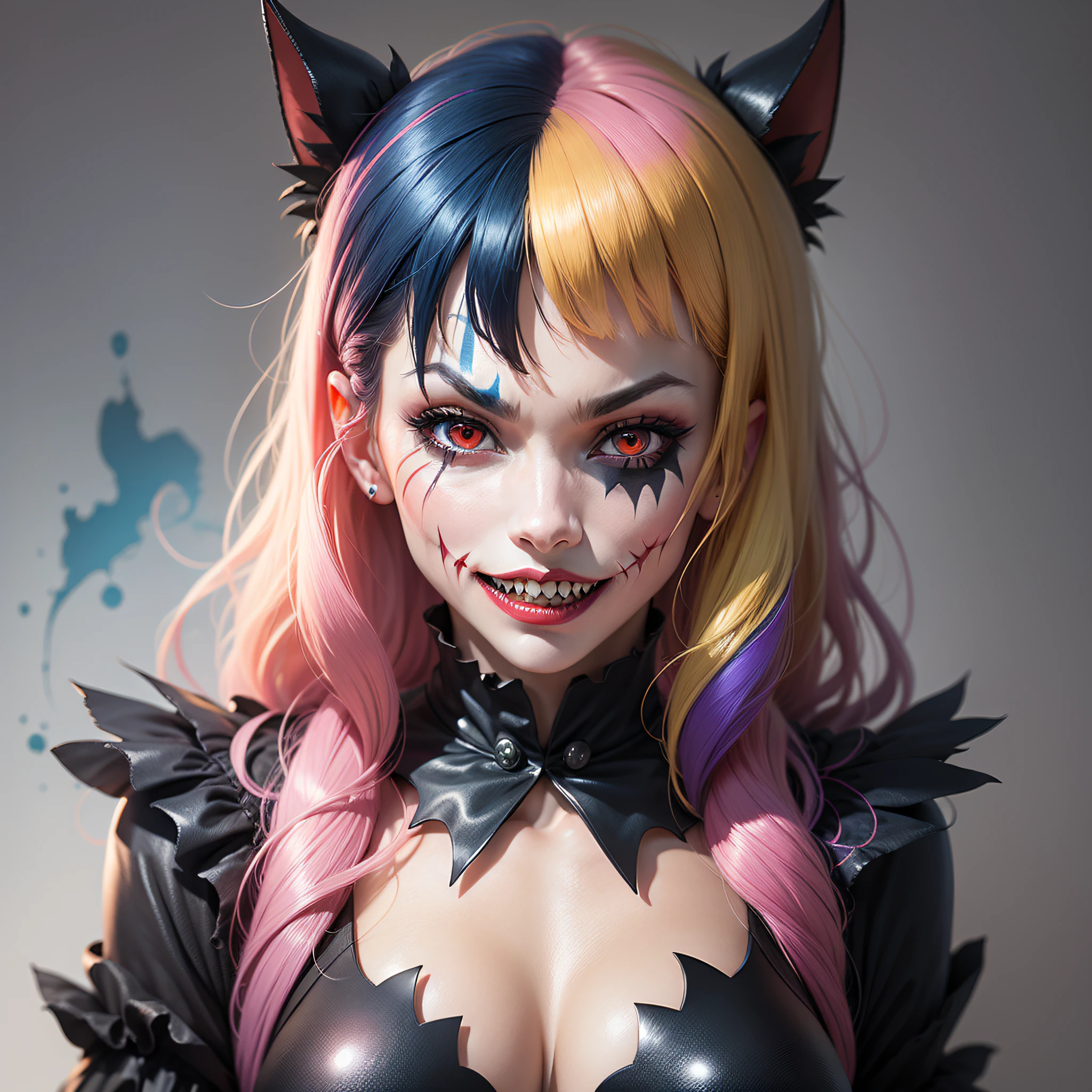Dark joker woman, sorting sharp teeth, red eyes black outfit, blonde hair with pink and blue tips
