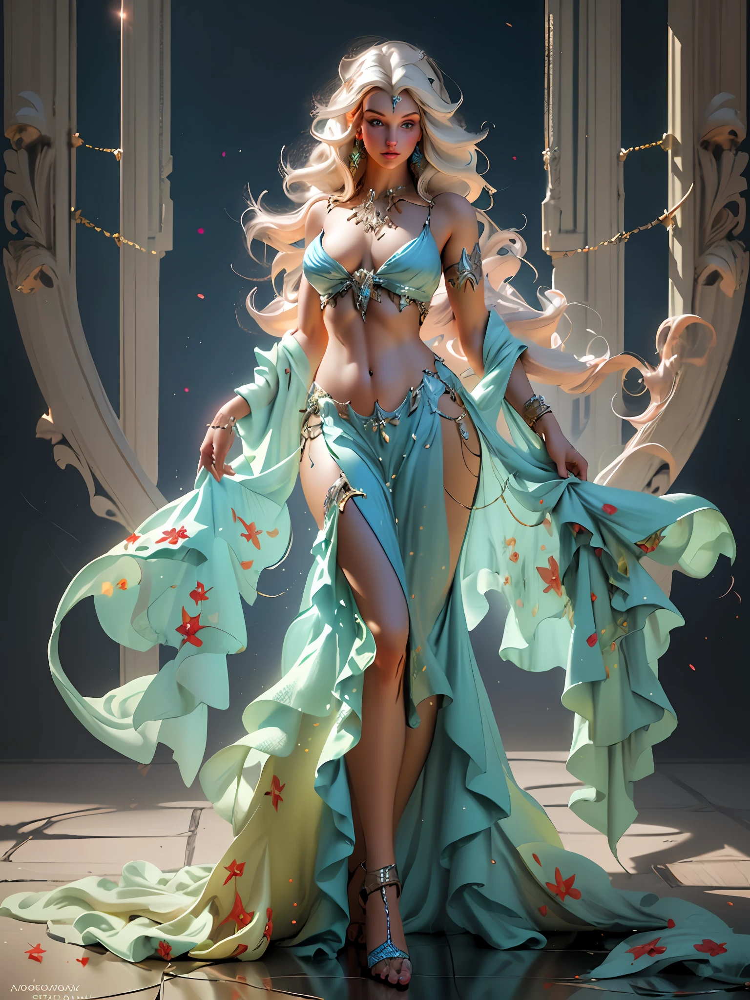 Blonde woman with a white hair and glowing lights in a blue dress, full body, beautiful digital artwork, fantasy gorgeous lighting, gorgeous digital art, stunning digital illustration, digital fantasy art ), 3 d render character art 8 k in marmoset toolbag, ultra detailed art, a stunning young ethereal figure, 4k highly detailed digital art, ethereal fantasy, very beautiful digital art, beautiful digital art, fantasy digital art, digital fantasy art.