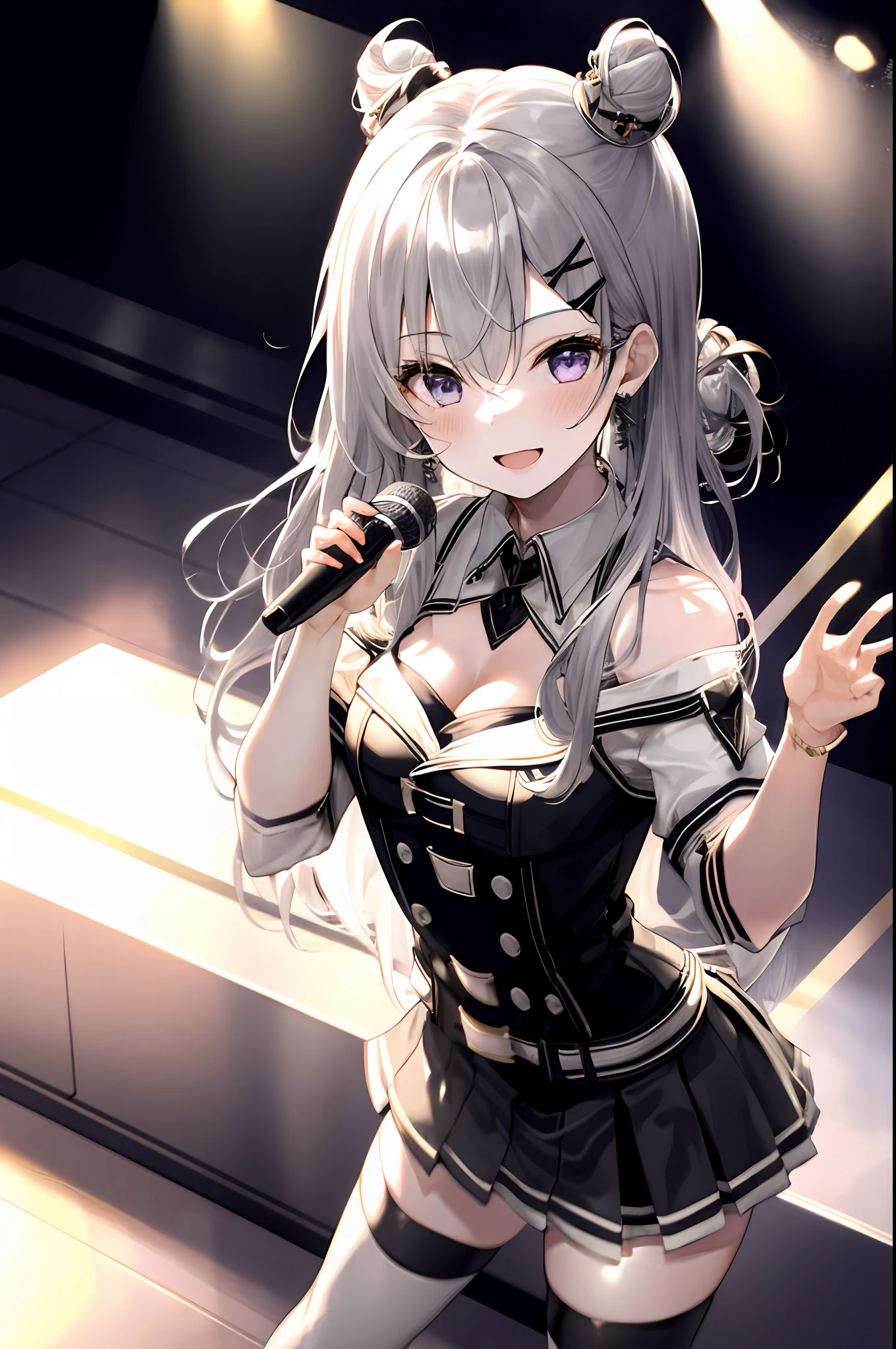 Zeta, hololive id, 1girl, solo, idol dress, akb48 costume, grab mic, singing style, black thighhighs, breasts, cleavage, pleated skirt, hair between eyes, long hair, hair bun, hair ornament, cone hair bun, looking at viewer, messy hair,  silver hair, purple eyes, solo, thighhighs, thighs, long hair, ((masterpiece)), standing, sexy pose, blush, shy, smile, open mouth, stage, on stage, stage light, idol stage, concert,