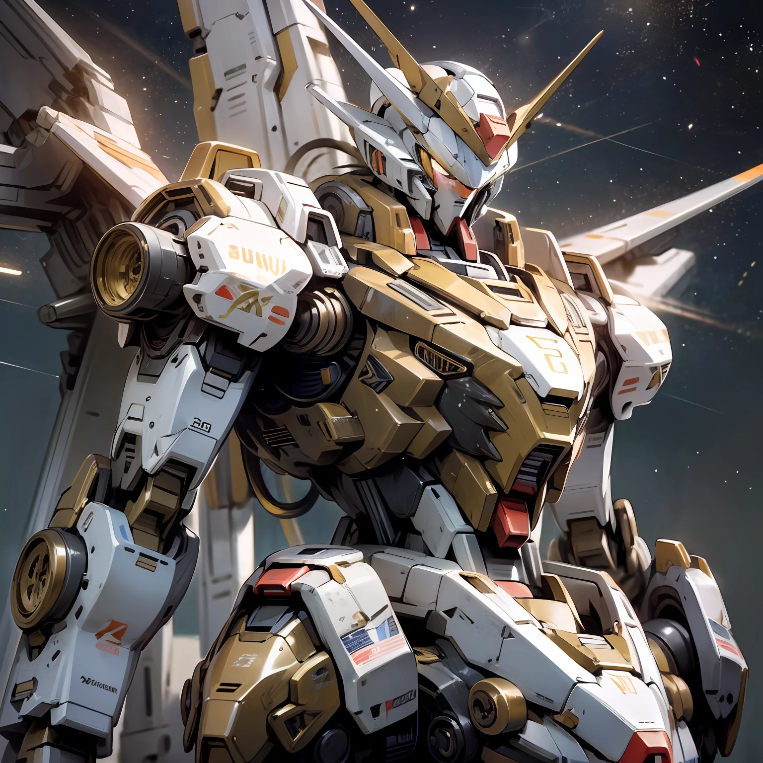 ((Masterpiece, better quality)), illustration, ultra-detailed 8k, realistic, sharp focus, very detailed, professional lighting, colorful details, cosmic starry sky, large mechanical robot structure, Gundam, glossy, intricate details, cyberpunk, upper body, Gundam, Golden Gundam, dragon, shitu-mecha, --auto --s2