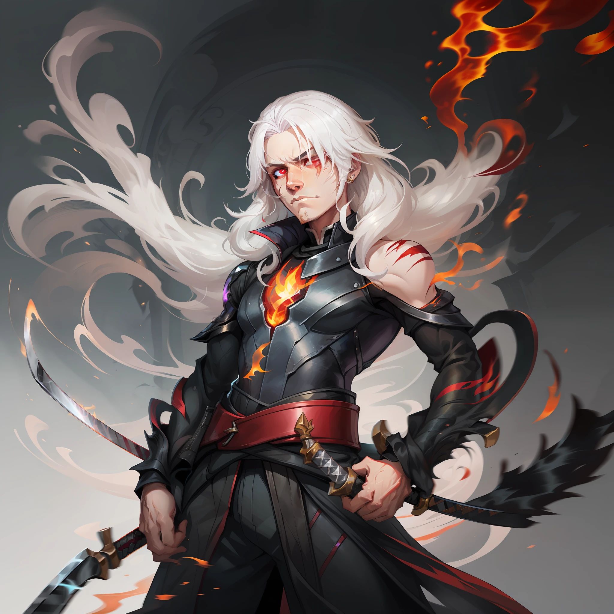 Anime man white hair, red eyes, black fireball in hand, digital art, white hair, crimson red eyes, Fire around, standing, neutral background, arcane art style, long hair, male character, black clothing, black fire, katana in hand, brave look, battle wounds