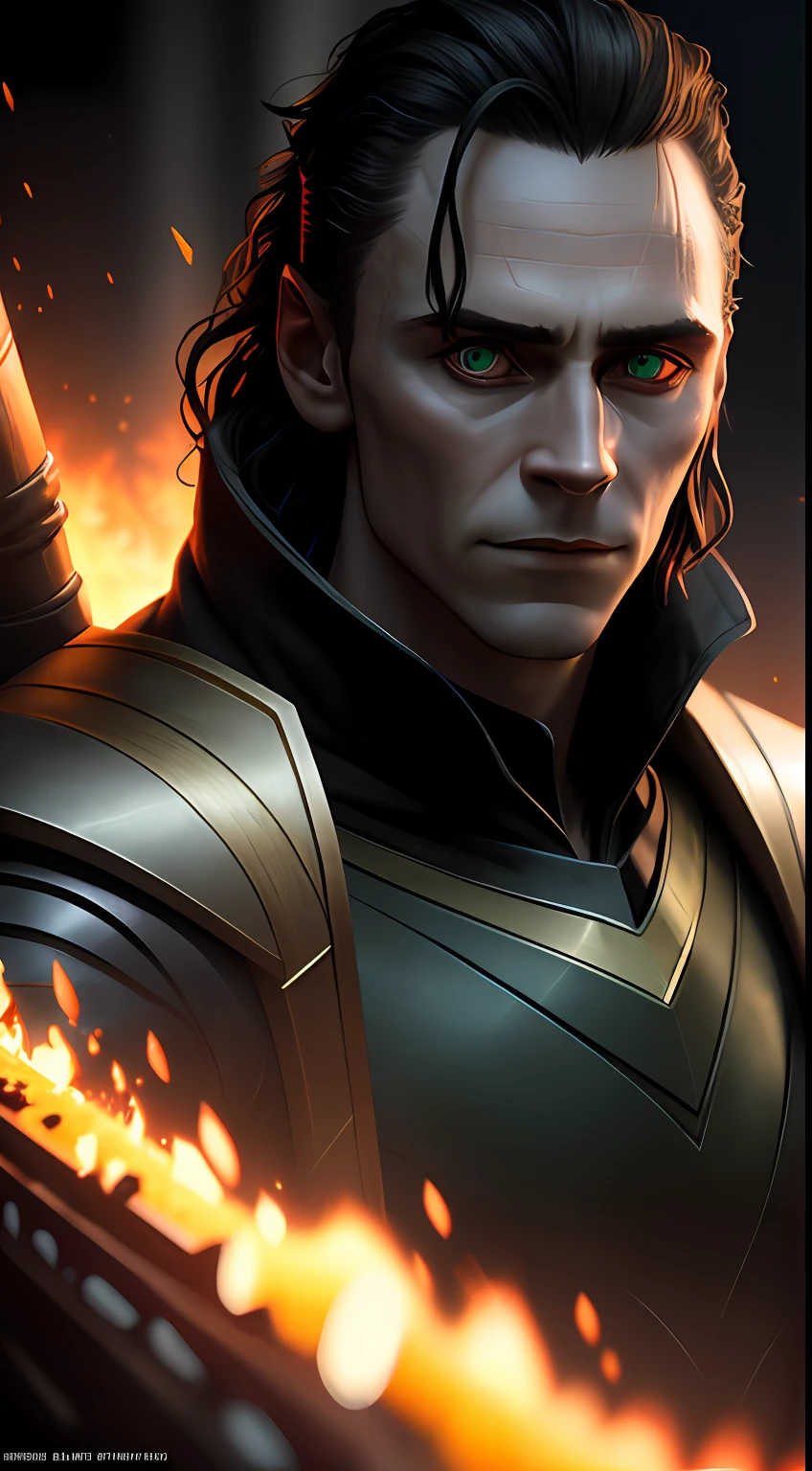 (dark shot: 1.1), epic realistic, Loki in the dark with glowing eyes and glowing cape, soft cinematic light, Adobe Lightroom, darkroom, HDR, intricate, highly detailed, (depth of field: 1.4), hyper-detail (artstation: 1.4), cinematic, warm light, dramatic light (complex details: 1.1)