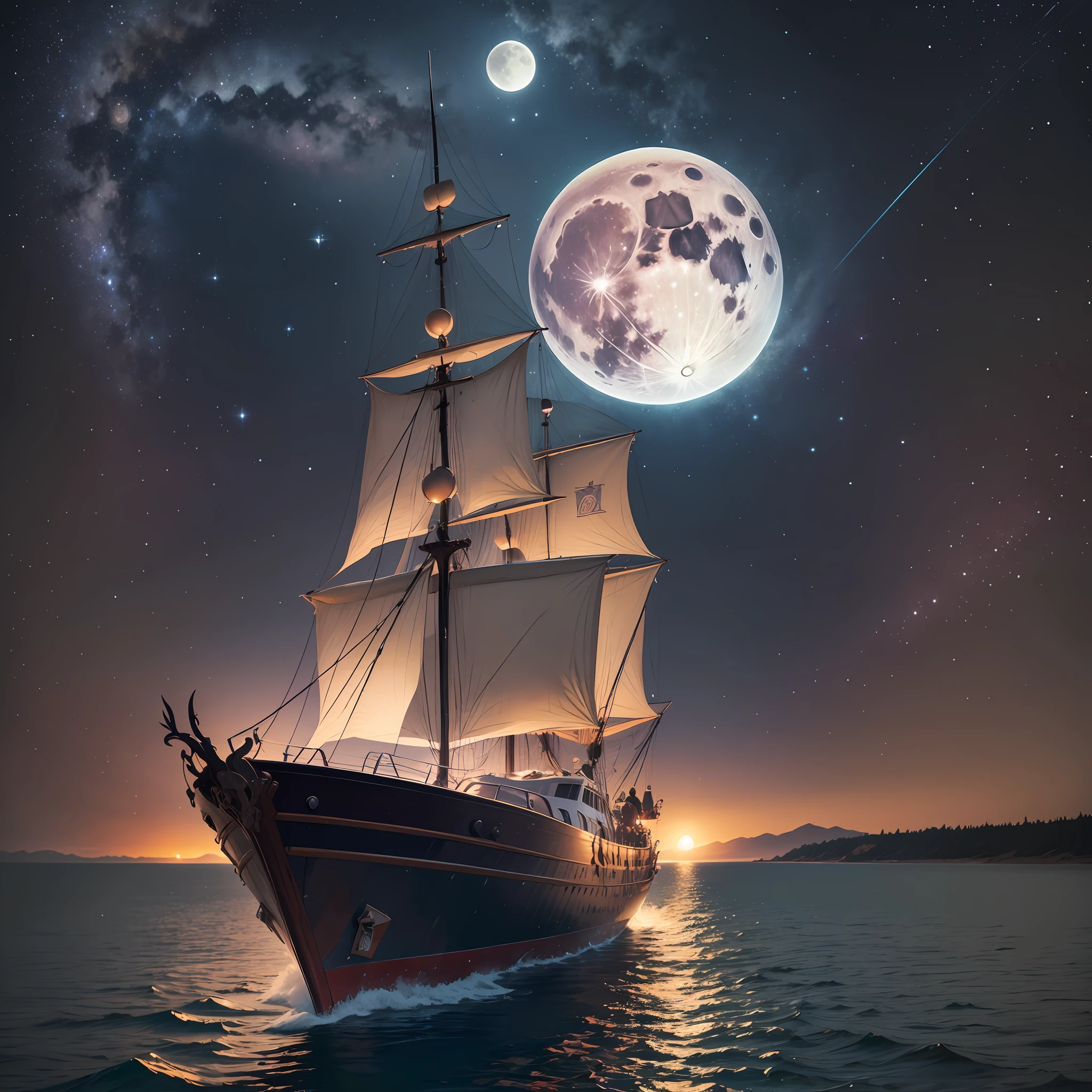 Create an image using a boat style caravels, representing by a starry sky, the full moon view of mars --auto --s2
