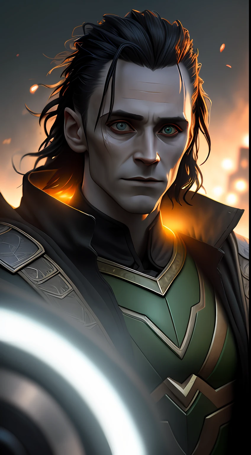 (dark shot: 1.1), epic realistic, Loki in the dark with glowing eyes and glowing cape, soft cinematic light, Adobe Lightroom, darkroom, HDR, intricate, highly detailed, (depth of field: 1.4), hyper-detail (artstation: 1.4), cinematic, warm light, dramatic light (complex details: 1.1)