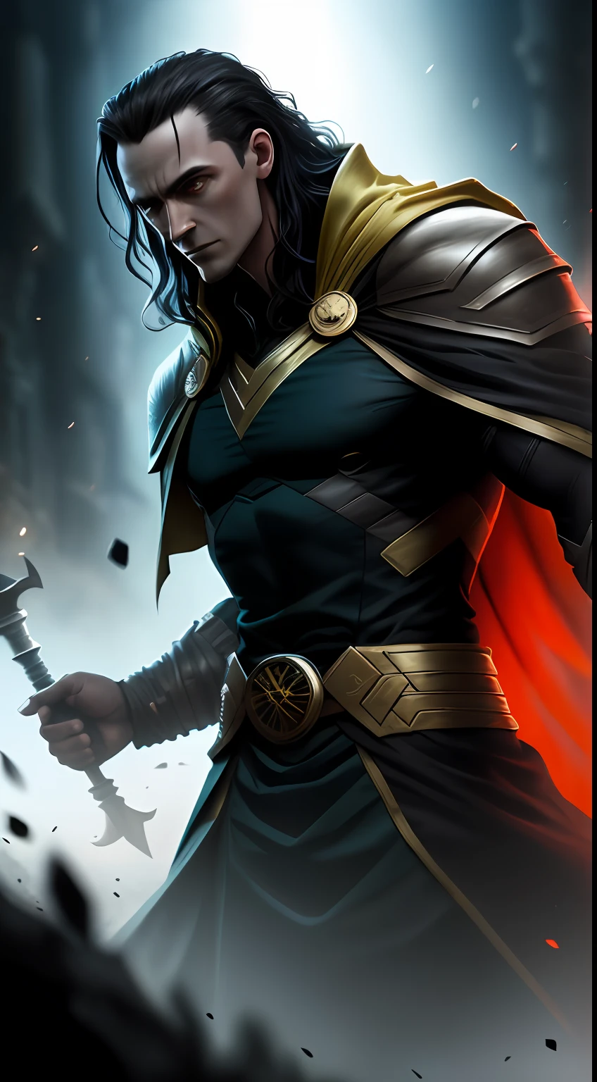 (dark shot: 1.1), epic realistic, Loki in the dark with glowing eyes and glowing cape, soft cinematic light, Adobe Lightroom, darkroom, HDR, intricate, highly detailed, (depth of field: 1.4), hyper-detail (artstation: 1.4), cinematic, warm light, dramatic light (complex details: 1.1)