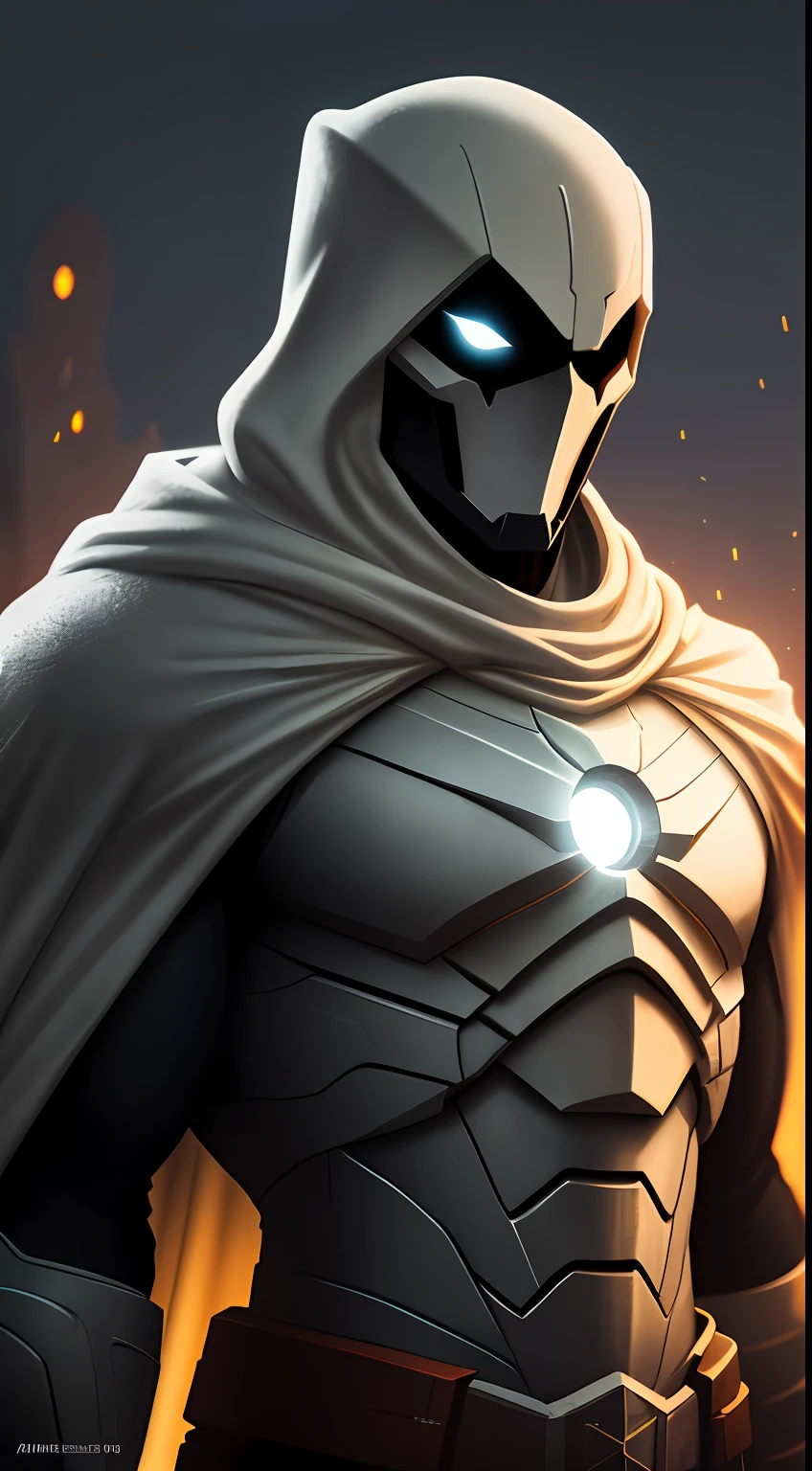 (dark shot: 1.1), epic realistic, Moon Knight in the dark with glowing eyes and glowing cape, soft cinematic light, Adobe Lightroom, darkroom, HDR, intricate, highly detailed, (depth of field: 1.4), hyper-detail (artstation: 1.4), cinematic, warm light, dramatic light (complex details: 1.1)