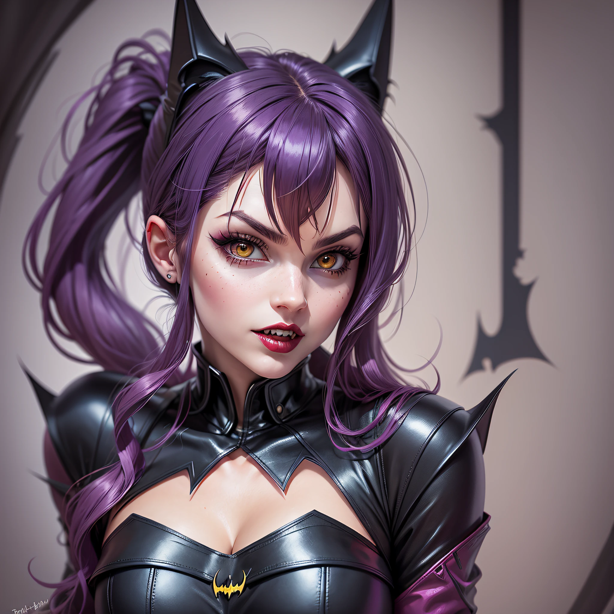 Dark joker woman, sorting sharp teeth, red eyes black outfit, blonde hair with pink and blue tips