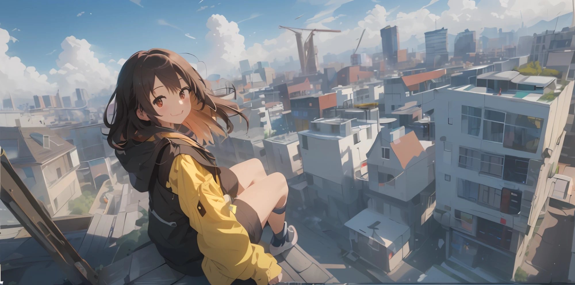 anime girl sitting on ledge looking at city skyline, anime style 4 k, makoto shinkai style, girl sitting on a rooftop, anime style. 8k, 4k anime wallpaper, artwork in the style of guweiz, octane render. by makoto shinkai, makoto shinkai art style, makoto shinkai. octane render