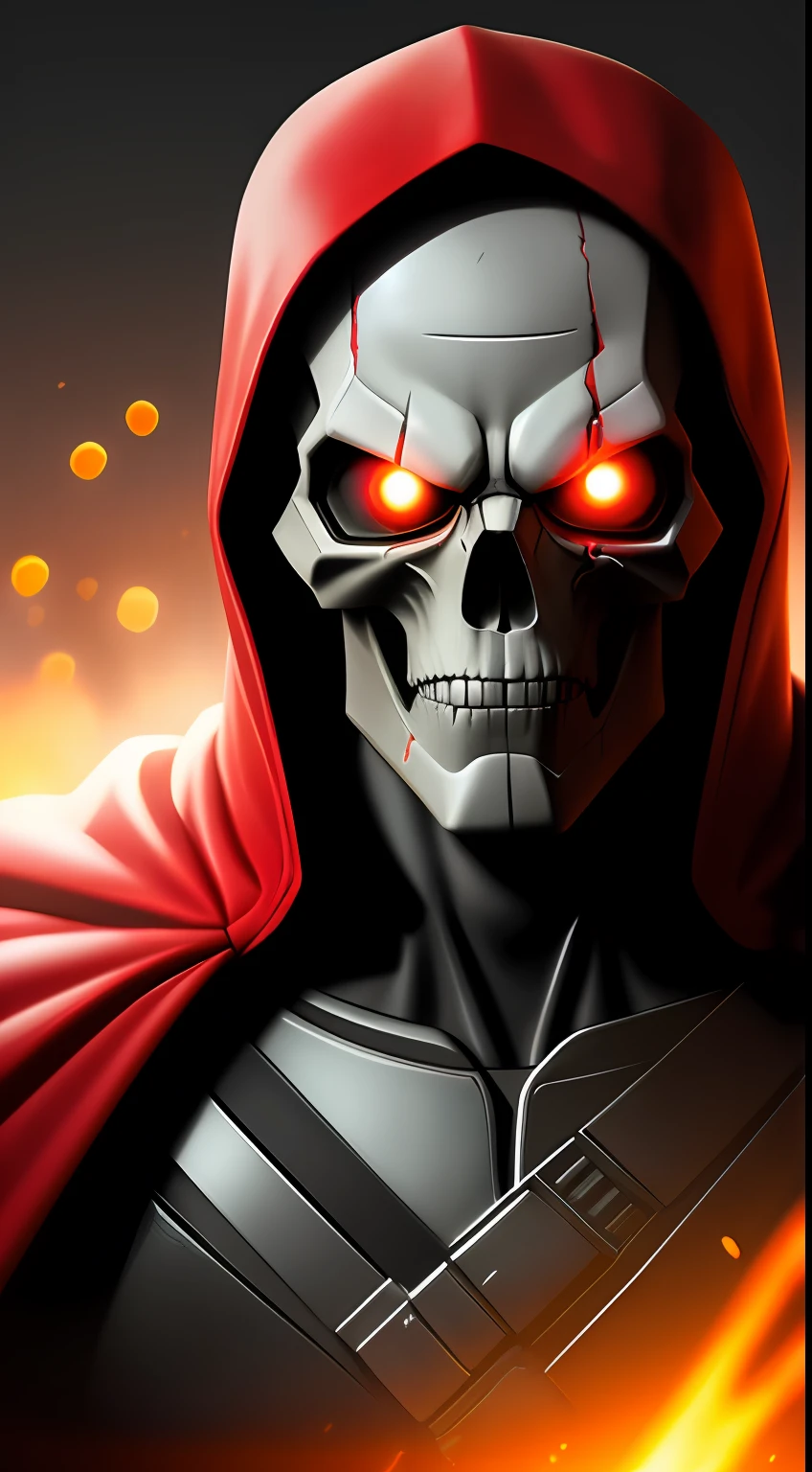 (dark shot: 1.1), epic realistic, Red Skull in the dark with glowing eyes and glowing cape, soft cinematic light, Adobe Lightroom, darkroom, HDR, intricate, highly detailed, (depth of field: 1.4), hyper-detail (artstation: 1.4), cinematic, warm light, dramatic light (complex details: 1.1)