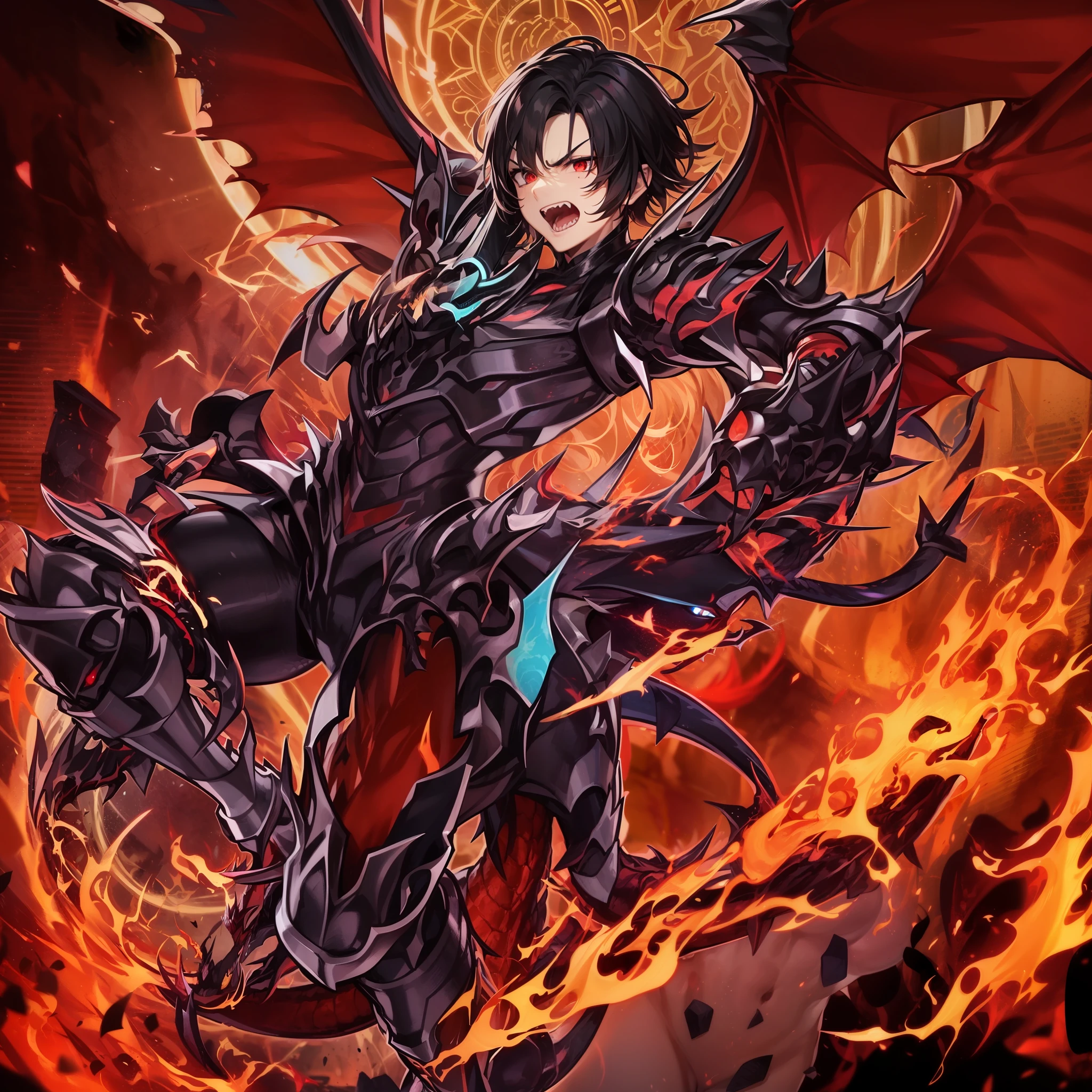 A man, short black hair, revealing his forehead, pointy eyebrows, red eyes, aggressive expression on his face, maniac expression, two dark red dragon horns on his head, shirtless, with lots of dark red tattoos, big gauntlets resembling the arms of a dragon, dark red gauntlets, detailed gauntlets, pointy edgy gauntlets, with 2 dark red dragon wings coming out of his lower back, action pose, in the middle of a fight, full body picture, flames surrounding him, flaming background, 8k, best quality