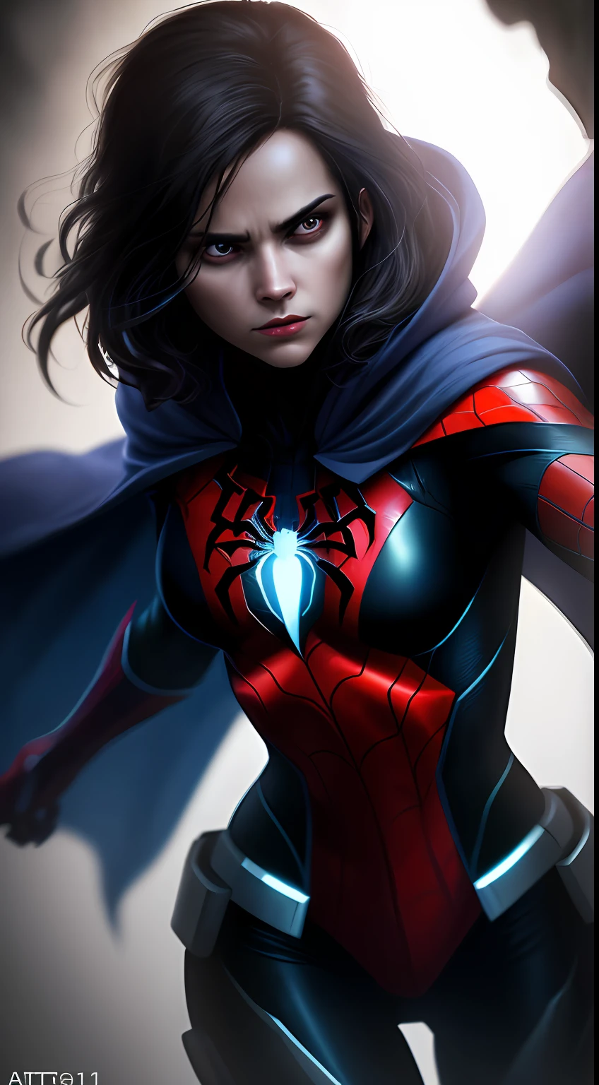 (dark shot: 1.1), epic realistic, Spider-Woman in the dark with glowing eyes and glowing cape, soft cinematic light, Adobe Lightroom, darkroom, HDR, intricate, highly detailed, (depth of field: 1.4), hyper-detail (artstation: 1.4), cinematic, warm light, dramatic light (complex details: 1.1)