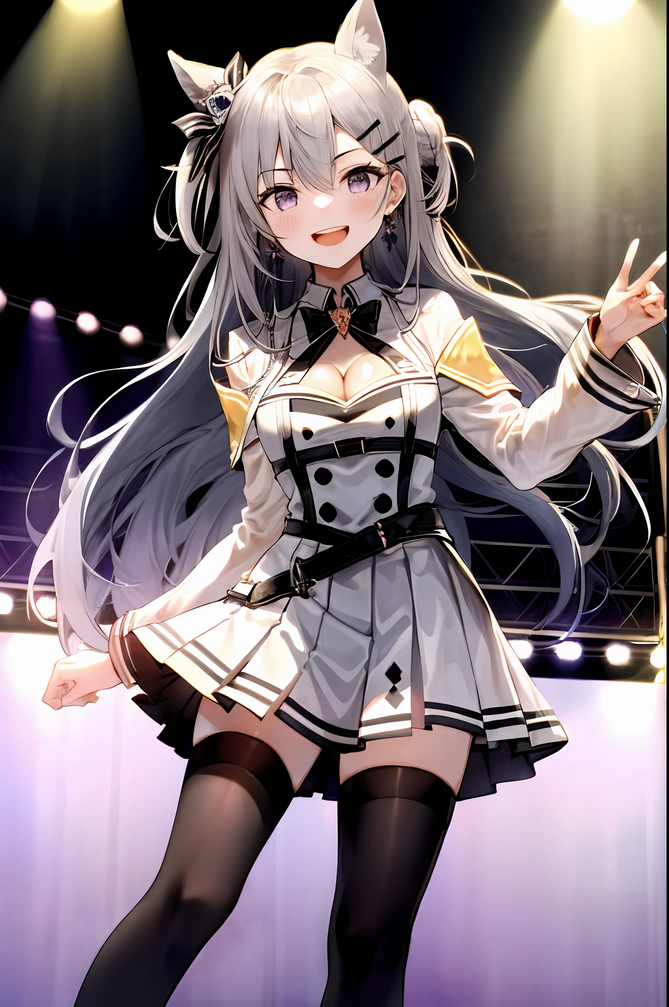 Zeta, hololive id, 1girl, solo, idol dress, akb48 costume, grab mic, singing style, black thighhighs, breasts, cleavage, pleated skirt, hair between eyes, long hair, hair ornament, double cone hair bun, looking at viewer, messy hair,  silver hair, purple eyes, solo, thighhighs, thighs, long hair, ((masterpiece)), standing, sexy pose, blush, shy, smile, open mouth, stage, on stage, stage light, idol stage, concert,